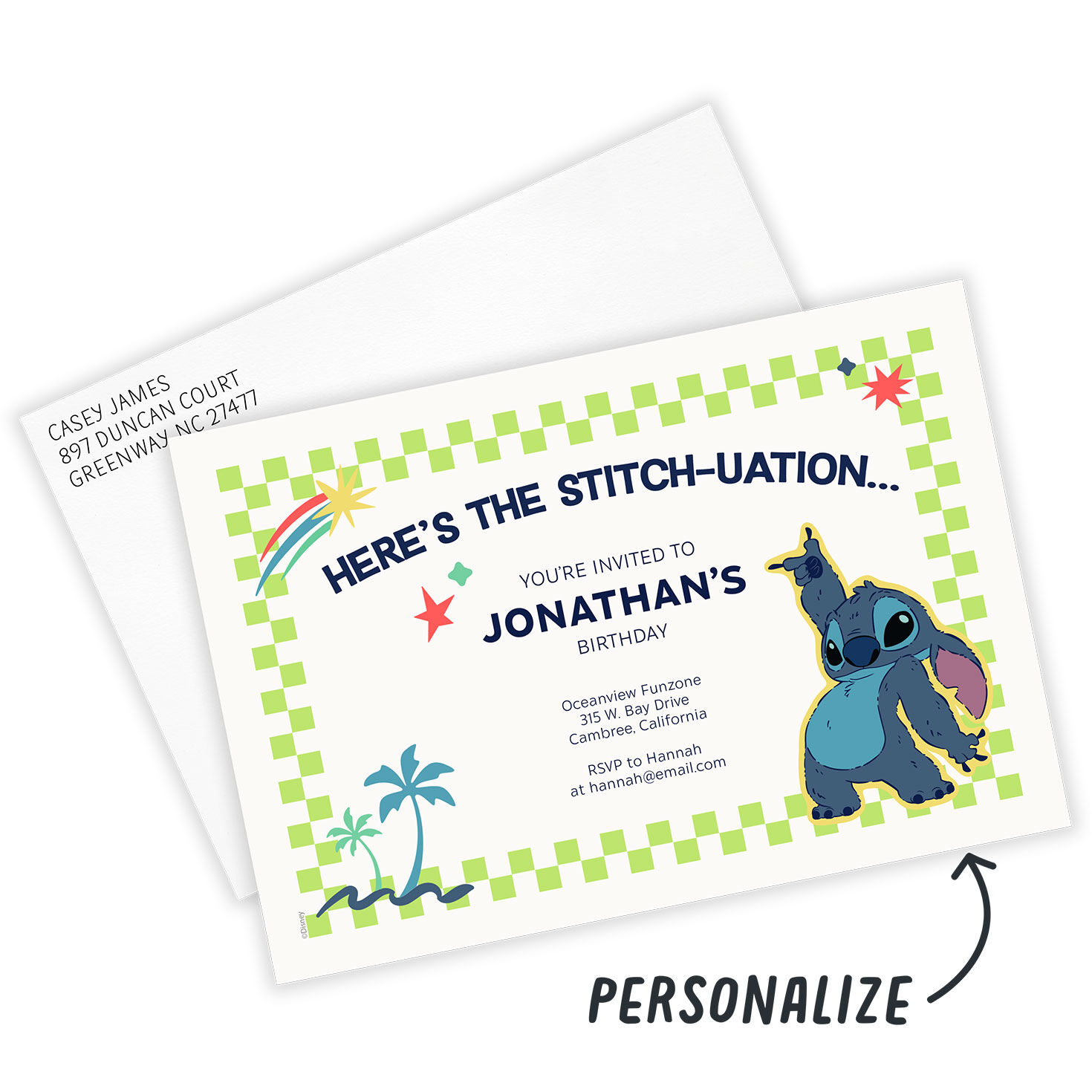 Stitch Green Checkered Border Personalized Party Invitation Card with Envelope indicating personalization image number 2