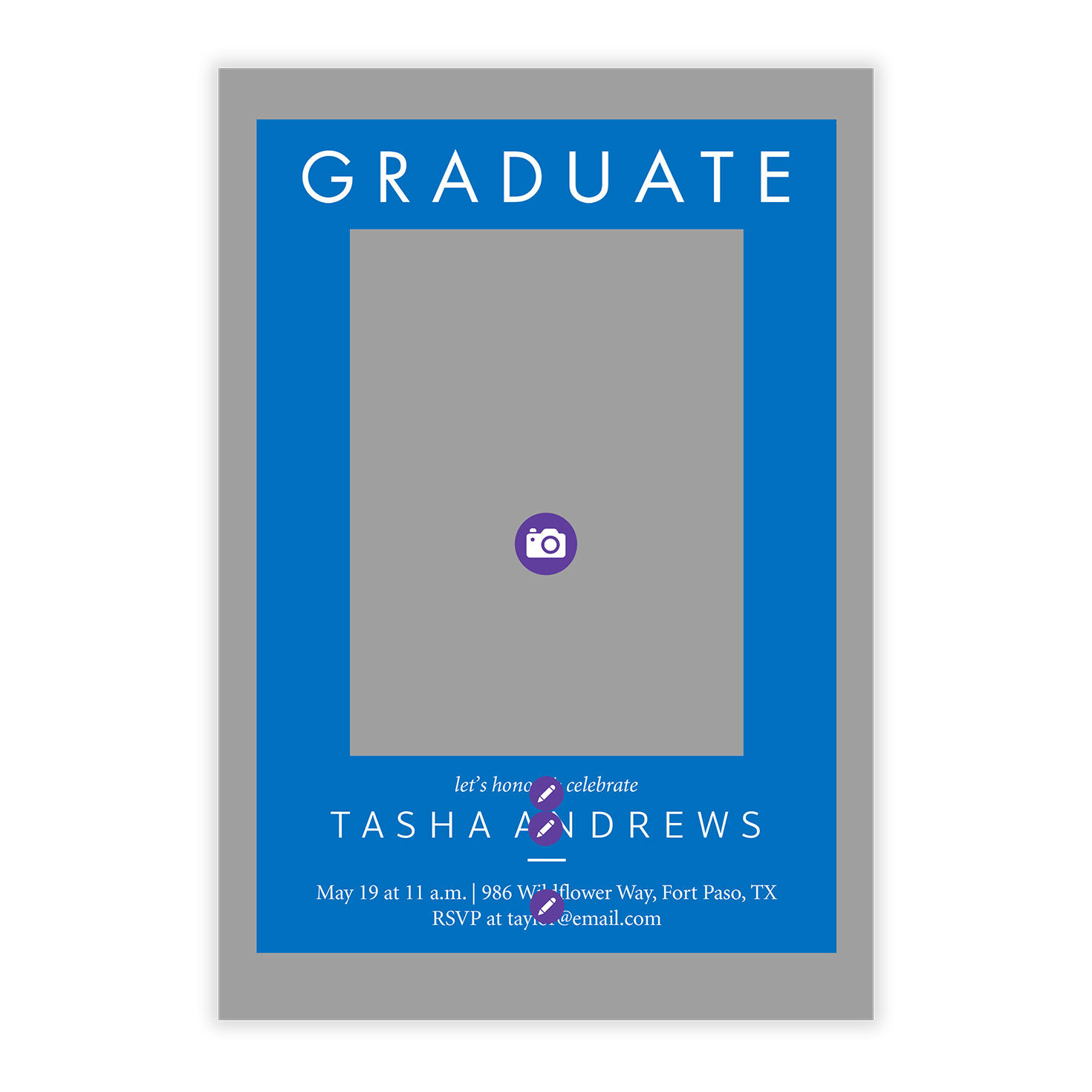 Bright Blue Photo Frame Grad Party Invitation Card Front indicating personalization image number 5