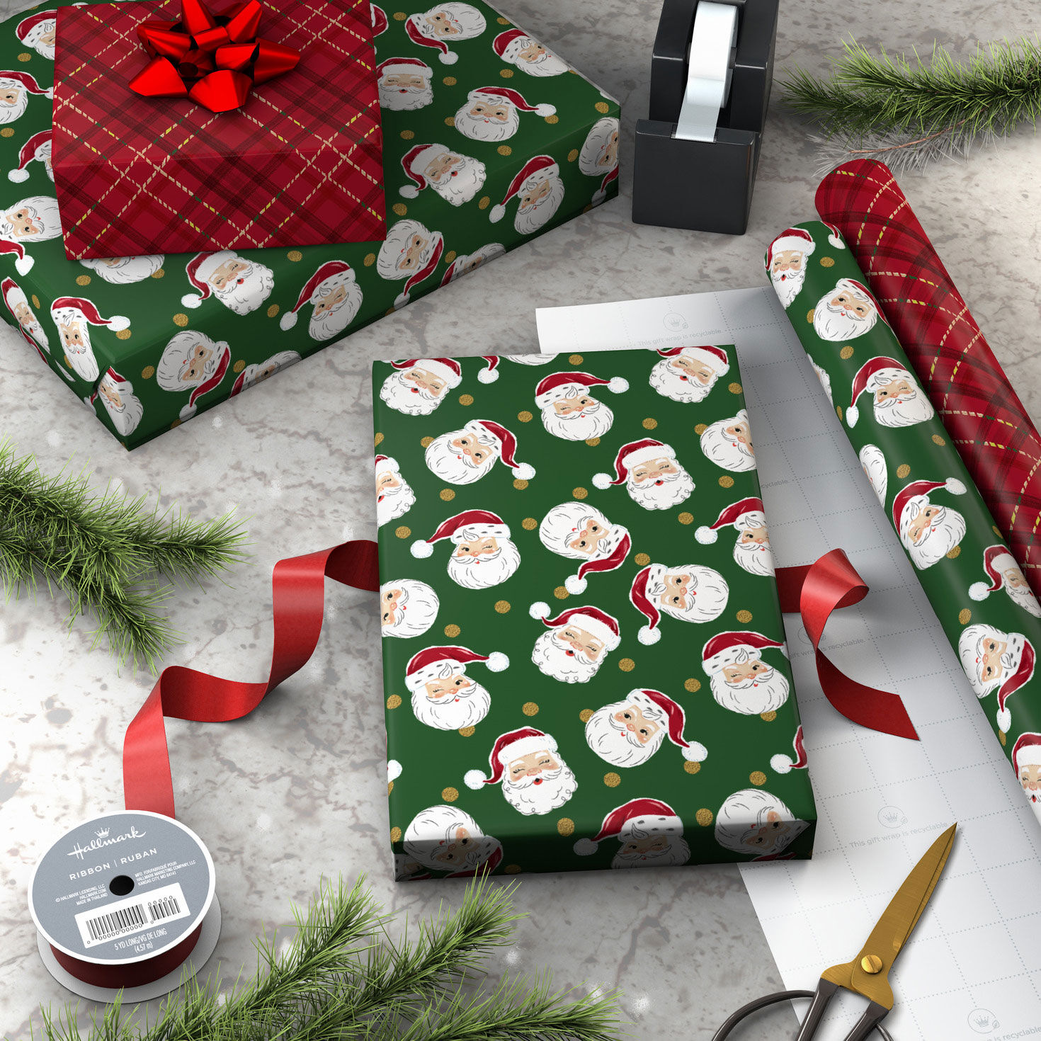 Santa Faces and Red Plaid Gift Wrap Rolls in use image number 3