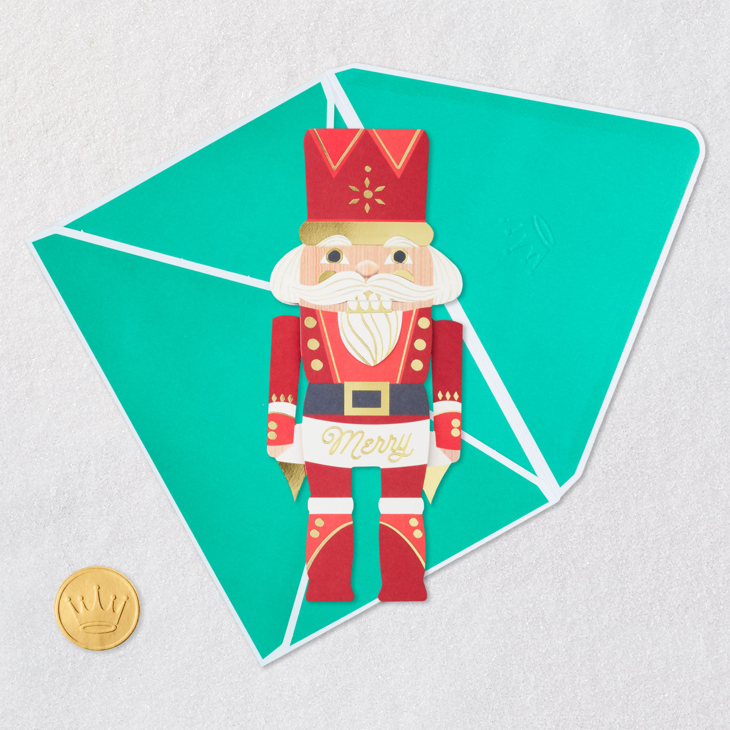 Red and Gold Moveable Nutcracker Christmas Card Card Front with Envelope and Gold Seal image number 6