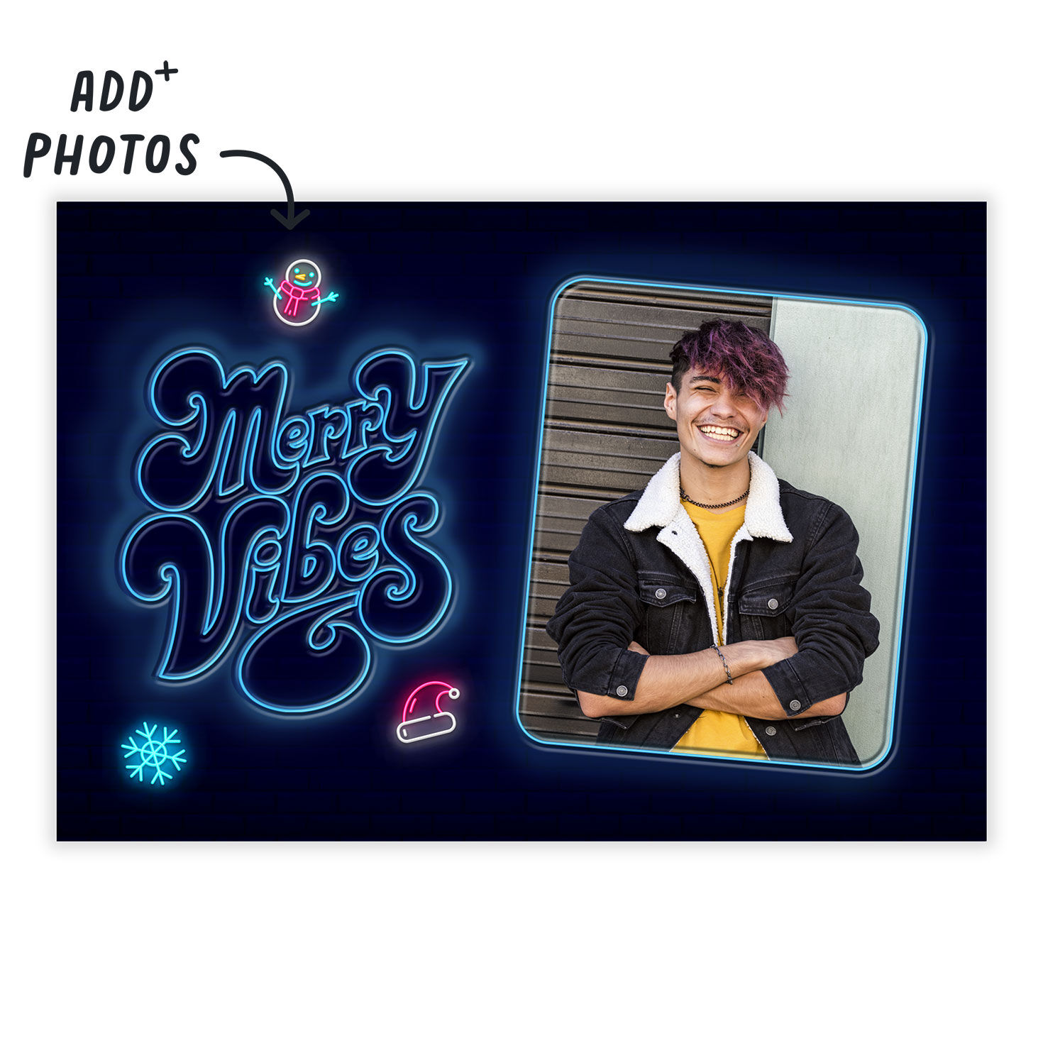 Blue Neon Symbols Personalized Holiday Card Card Front indicating personalization image number 2