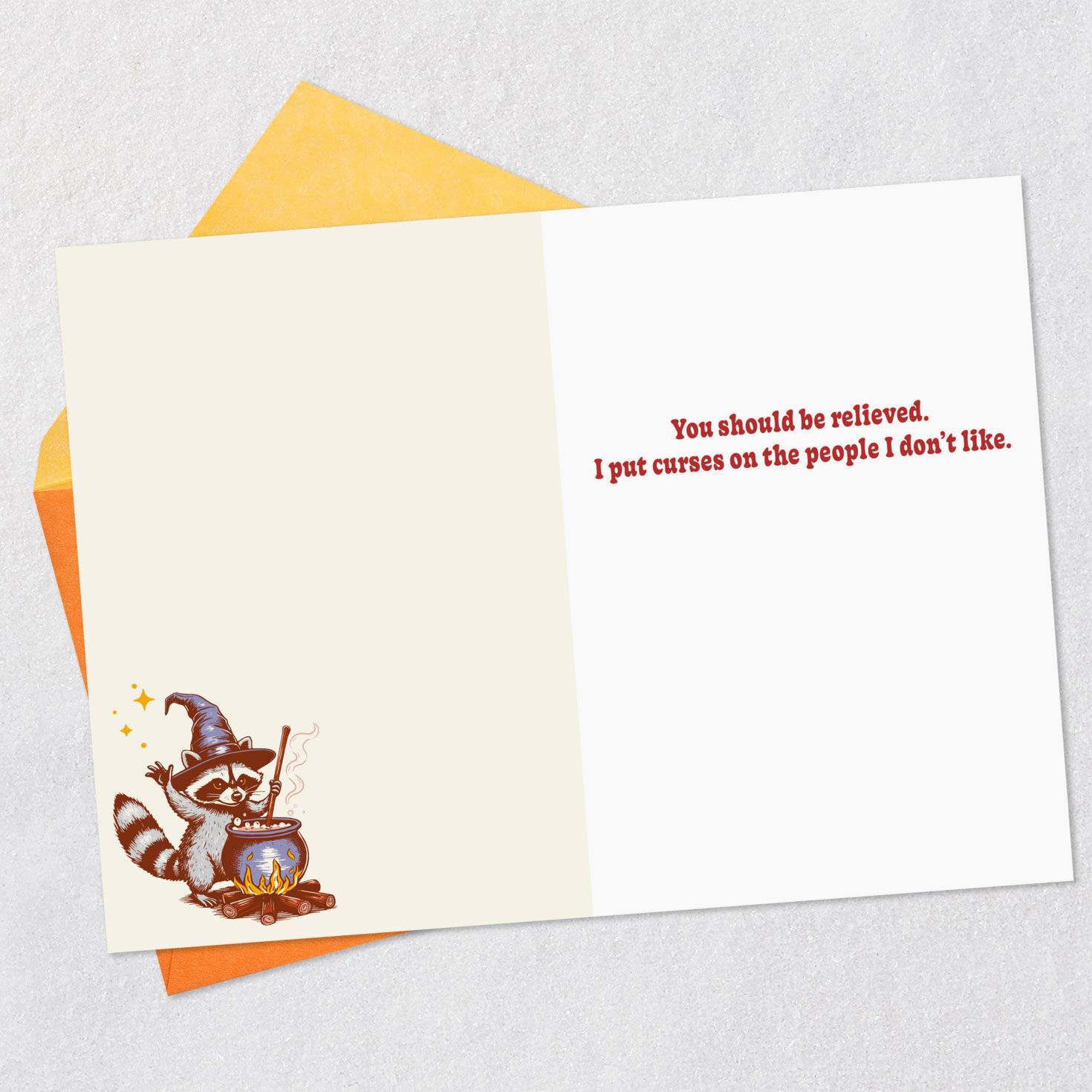 Magical Raccoon Wizard Funny Halloween Card Open card with envelope image number 3
