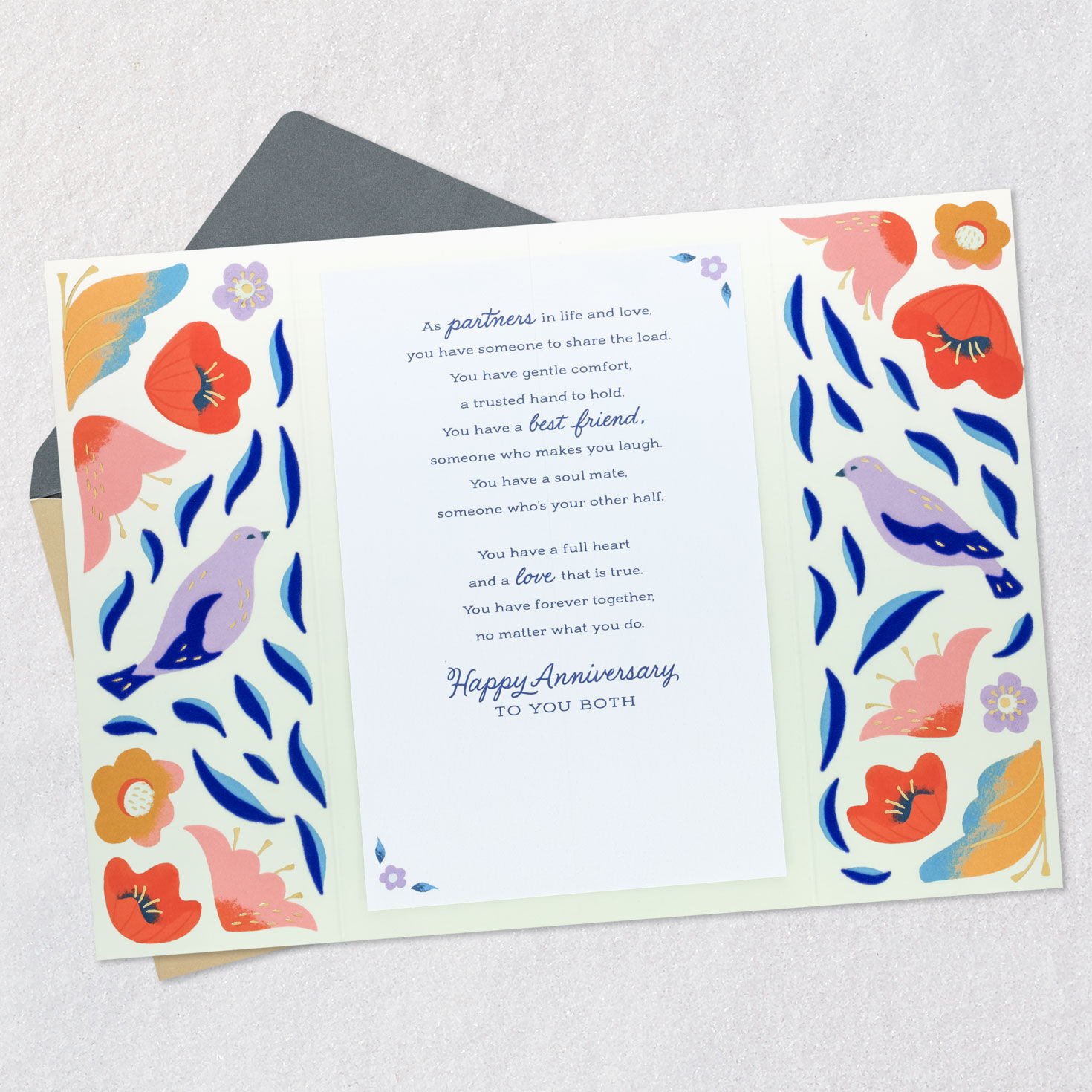 Lovebirds and Flowers Anniversary Card for Couple Open card with envelope image number 3
