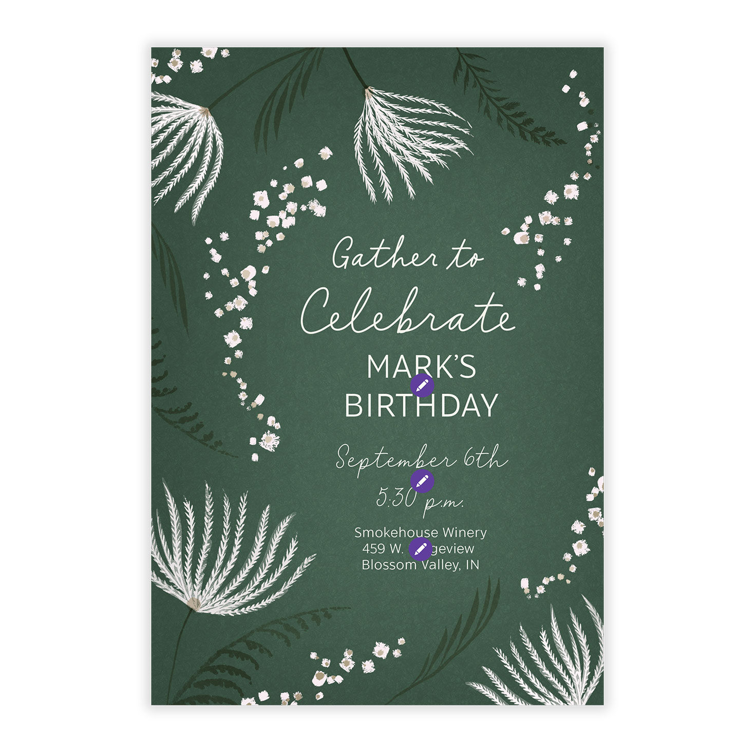 Ferns on Dark Green Personalized Party Invitation Card Front indicating personalization image number 5