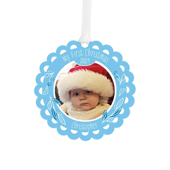 Baby's First Christmas Blue Scalloped Personalized Text and Photo Metal Ornament