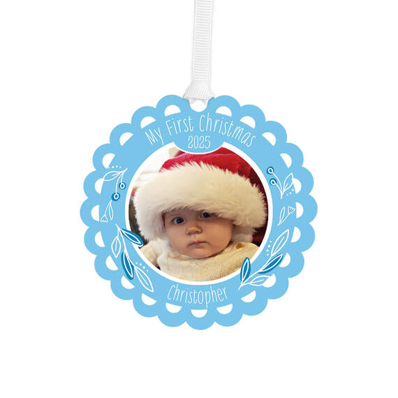 Baby's First Christmas Blue Scalloped Personalized Text and Photo Metal Ornament, , large image number 1