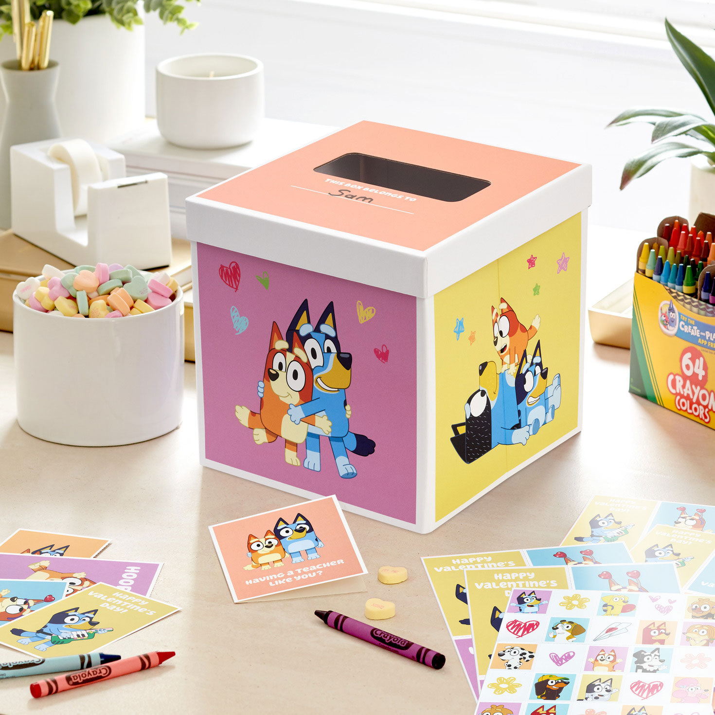 Bluey and Bingo Kids Valentines Cards and Mailbox in use image number 2