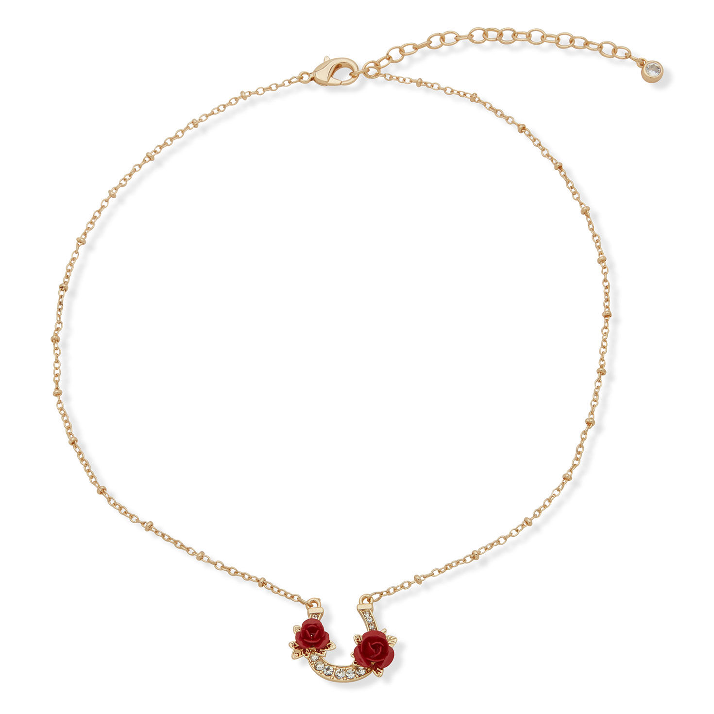 Kentucky Roses Gold Metal Necklace With Crystal Horseshoe and Roses Pendant