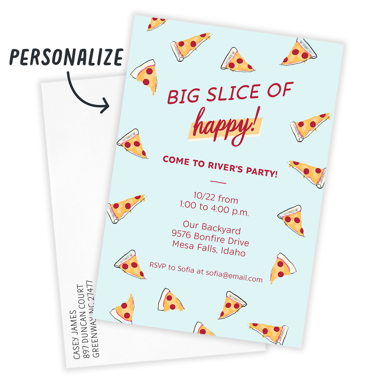 Pizza Slices Personalized Party Invitation Card Front indicating personalization image number 2