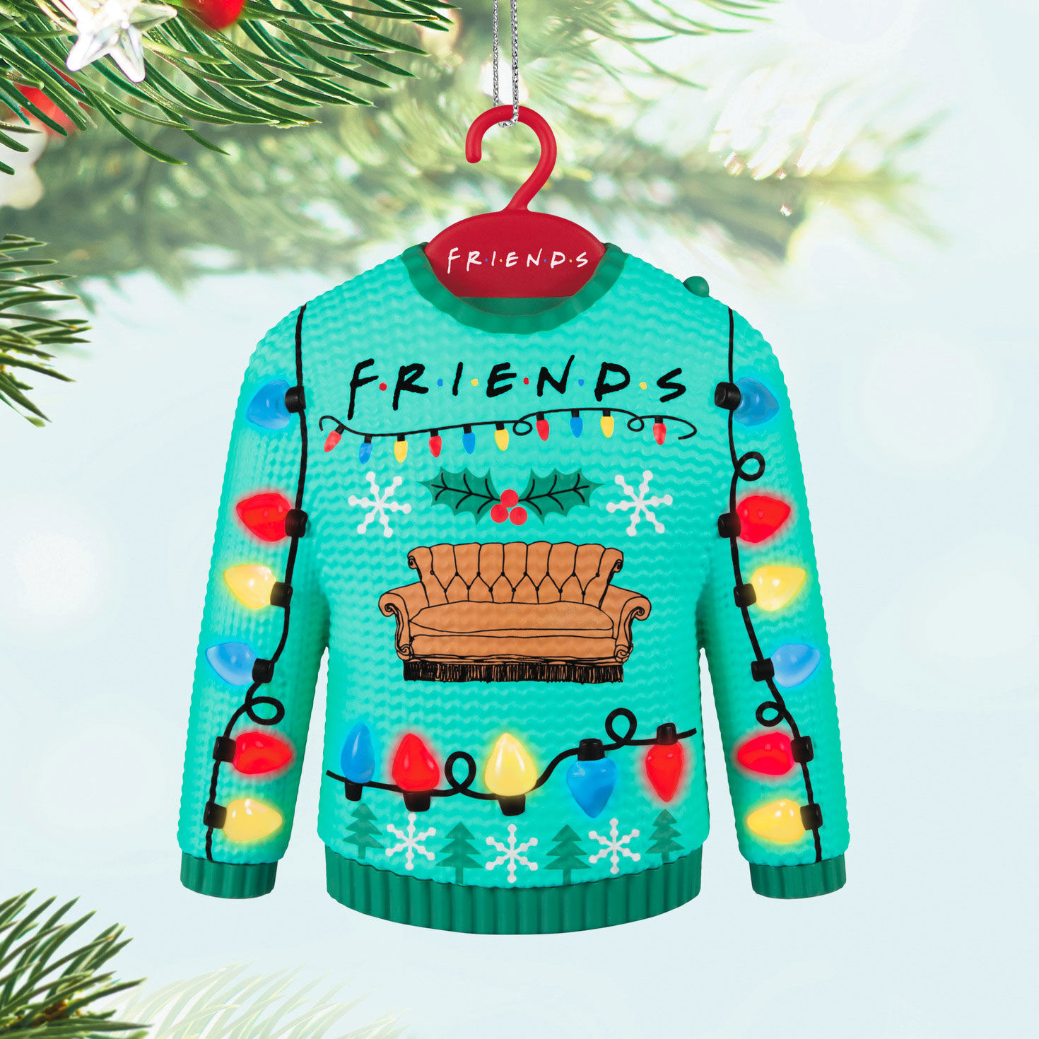 Friends Ugly Christmas Sweater Keepsake Ornament hanging on tree image number 2