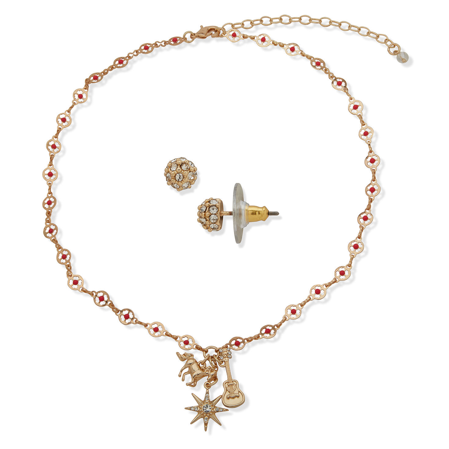 Red Bead Charm Necklace and Stud Earrings Set necklace and earrings image number 2