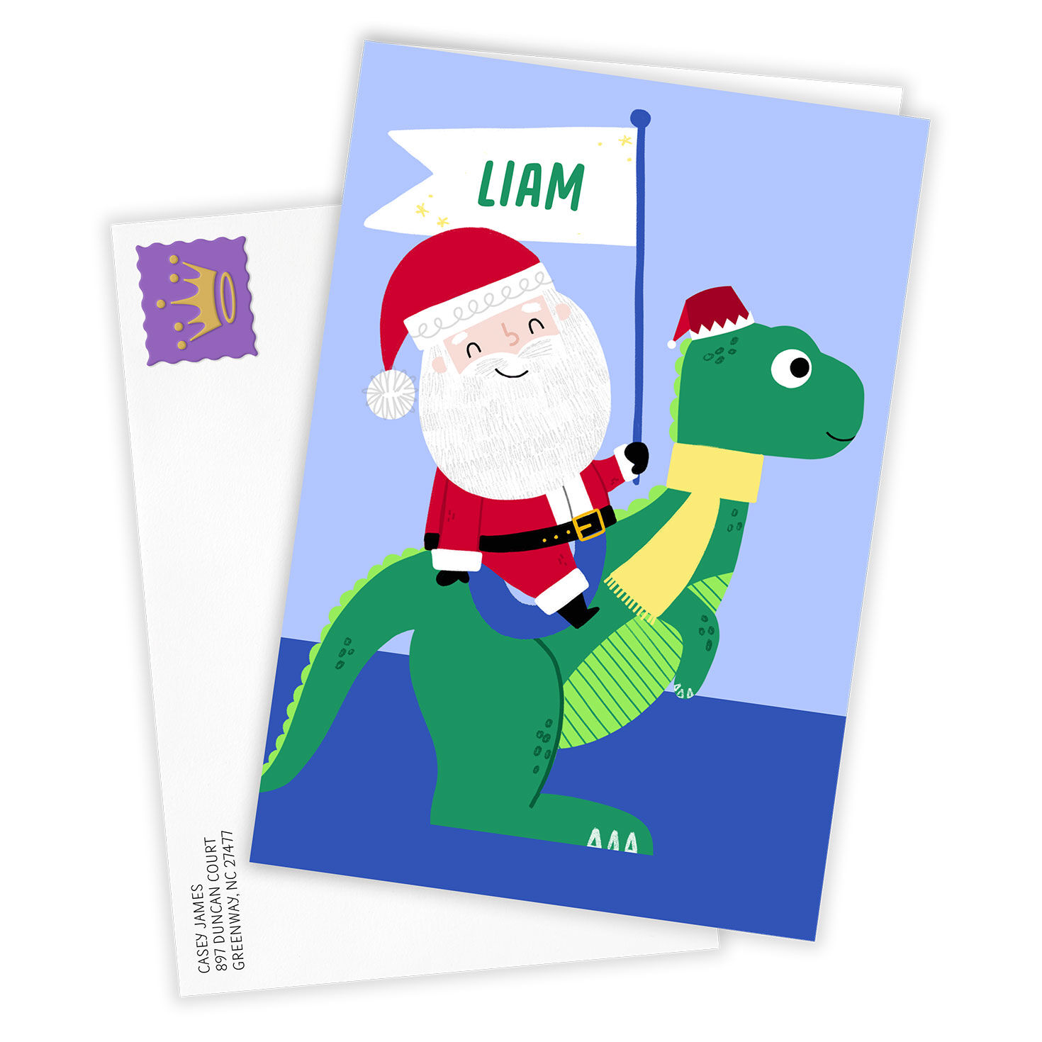Santa Riding Dinosaur Personalized Christmas Card Card  front with Envelope  image number 2
