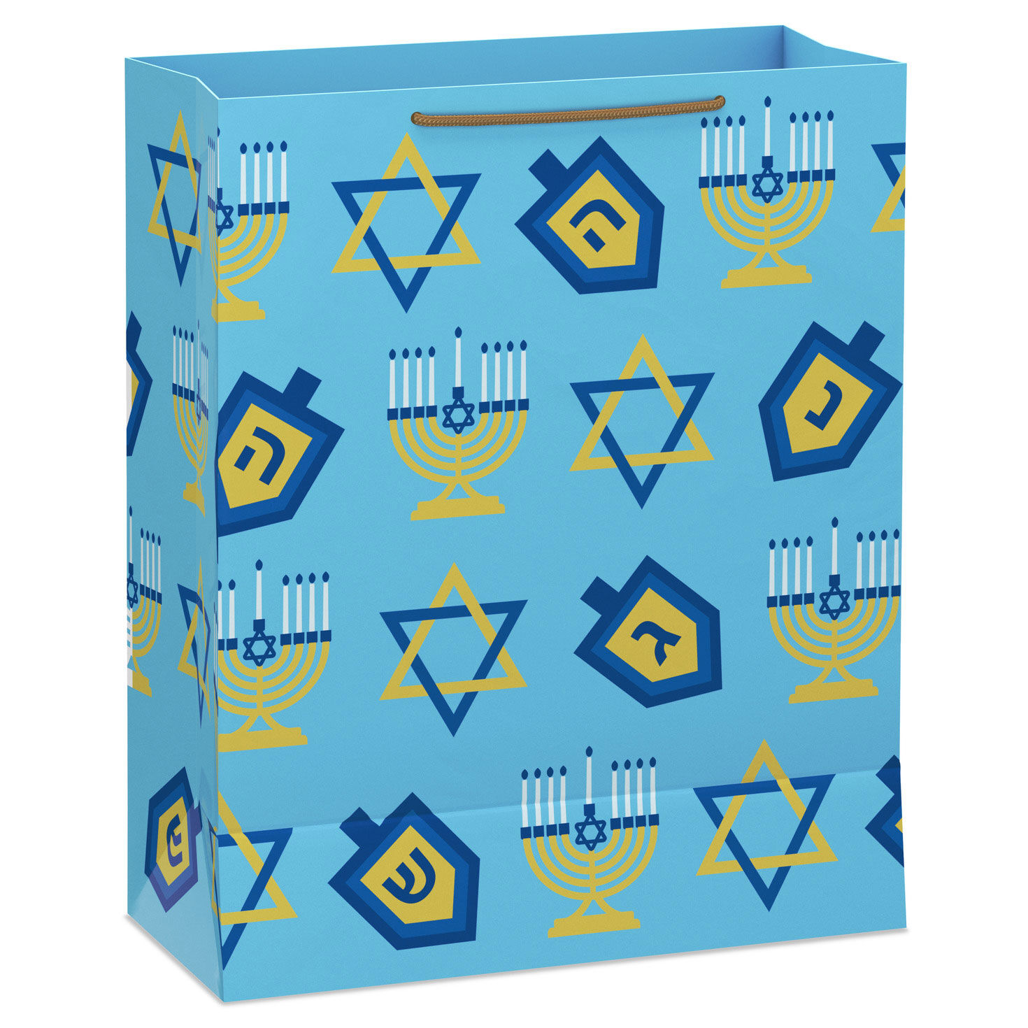 Dreidels and Menorahs on Blue XL Hanukkah Gift Bag Back image number 6