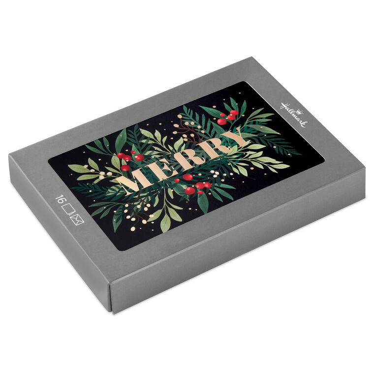 Merry and Bold Greenery Boxed Christmas Cards, Pack of 16