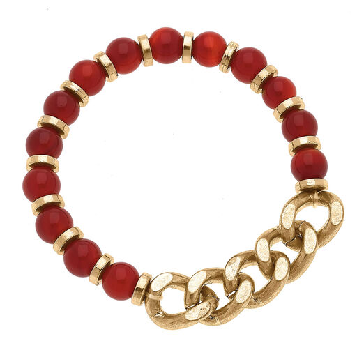 Rusty Red Carnelian Beaded and Chunky Chain Stretch Bracelet, 