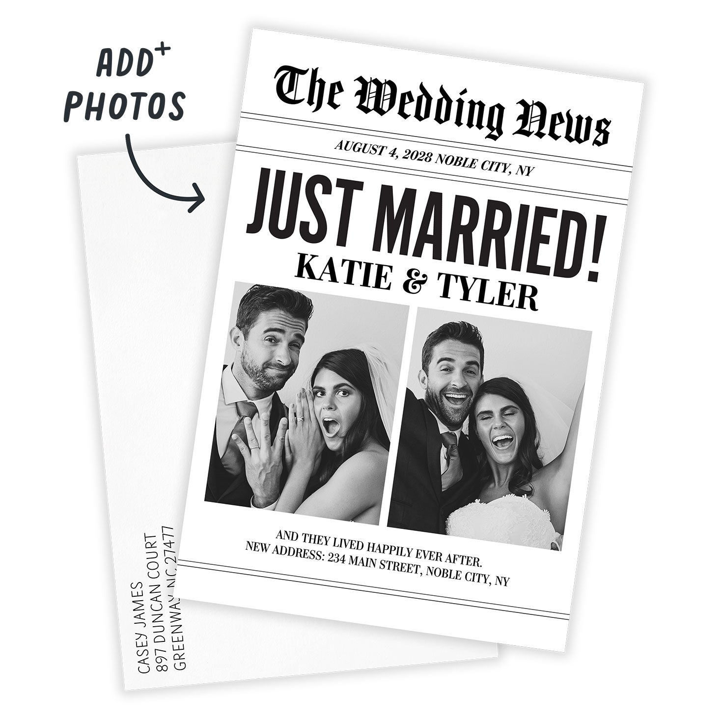 Newspaper Personalized Wedding Announcement Card Front indicating personalization image number 2