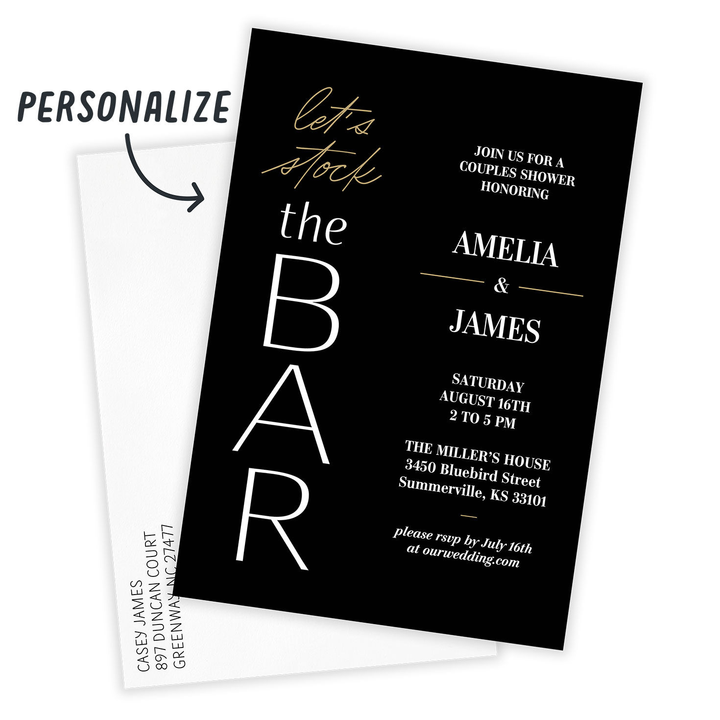 Stock the Bar Personalized Shower Invitation Card Front indicating personalization image number 2