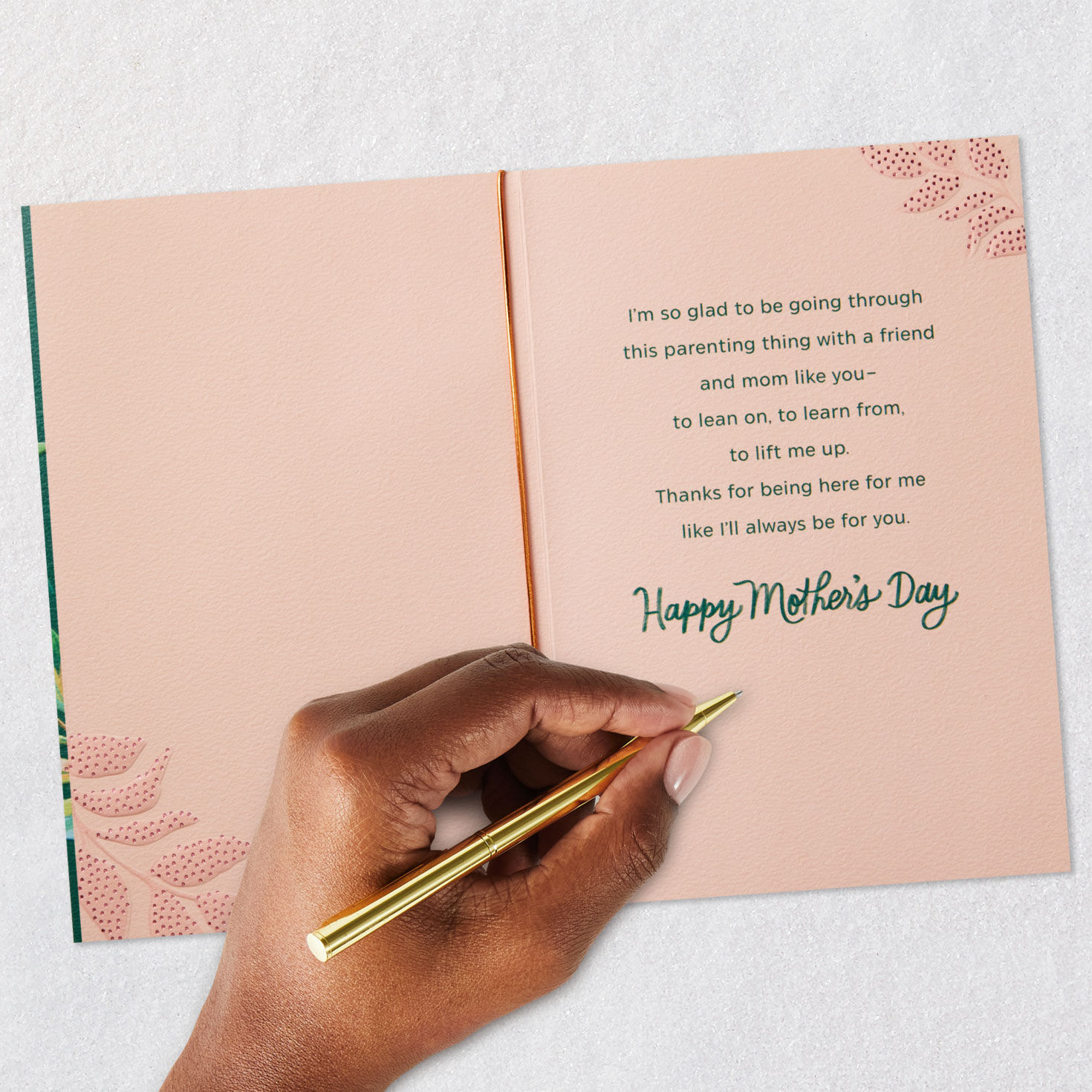 Peach and Green Leaves Mother's Day Card for Mom Squad Signing card image number 6