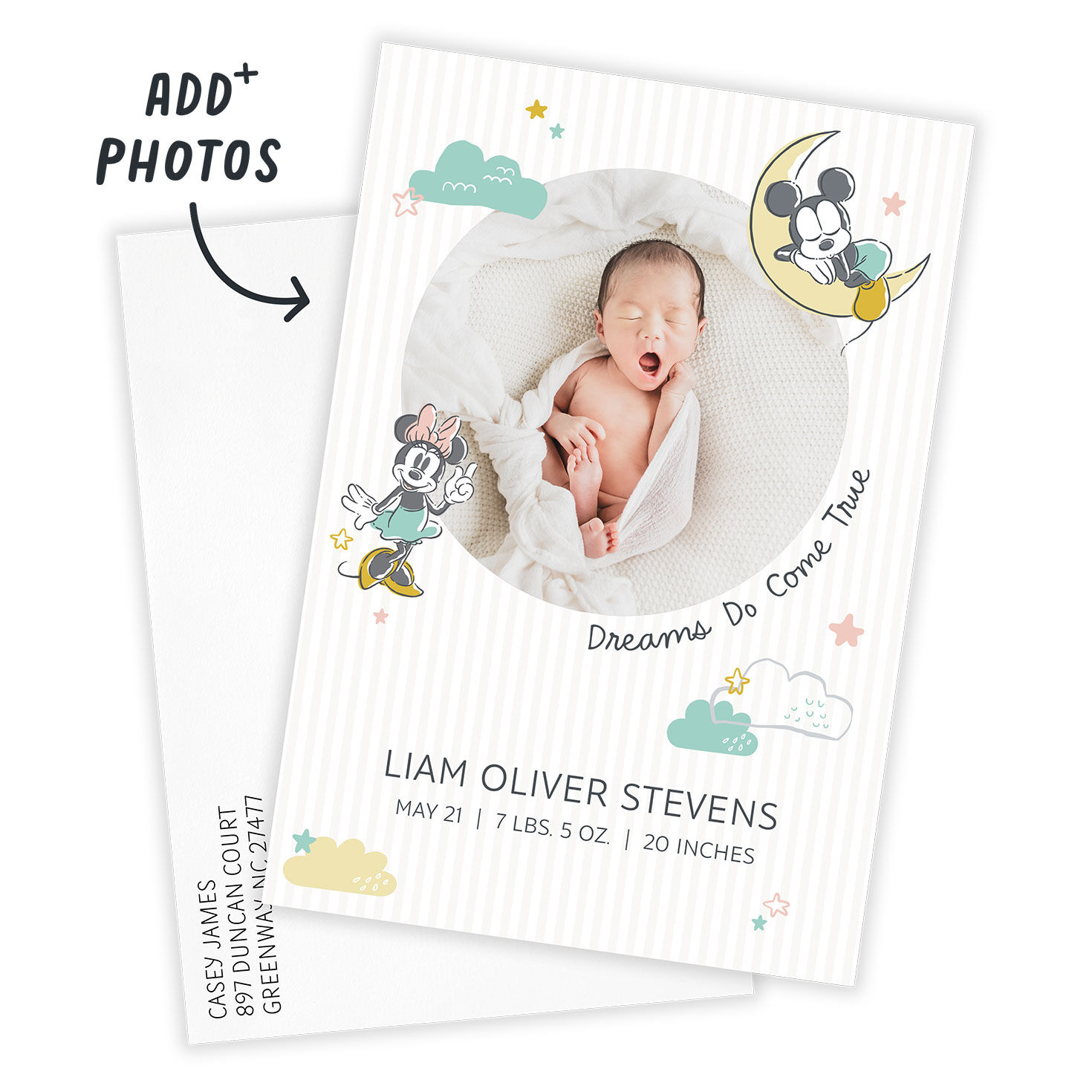 Mickey Minnie Moon Personalized Baby Announcement Card front with Envelope indicating personalization image number 2