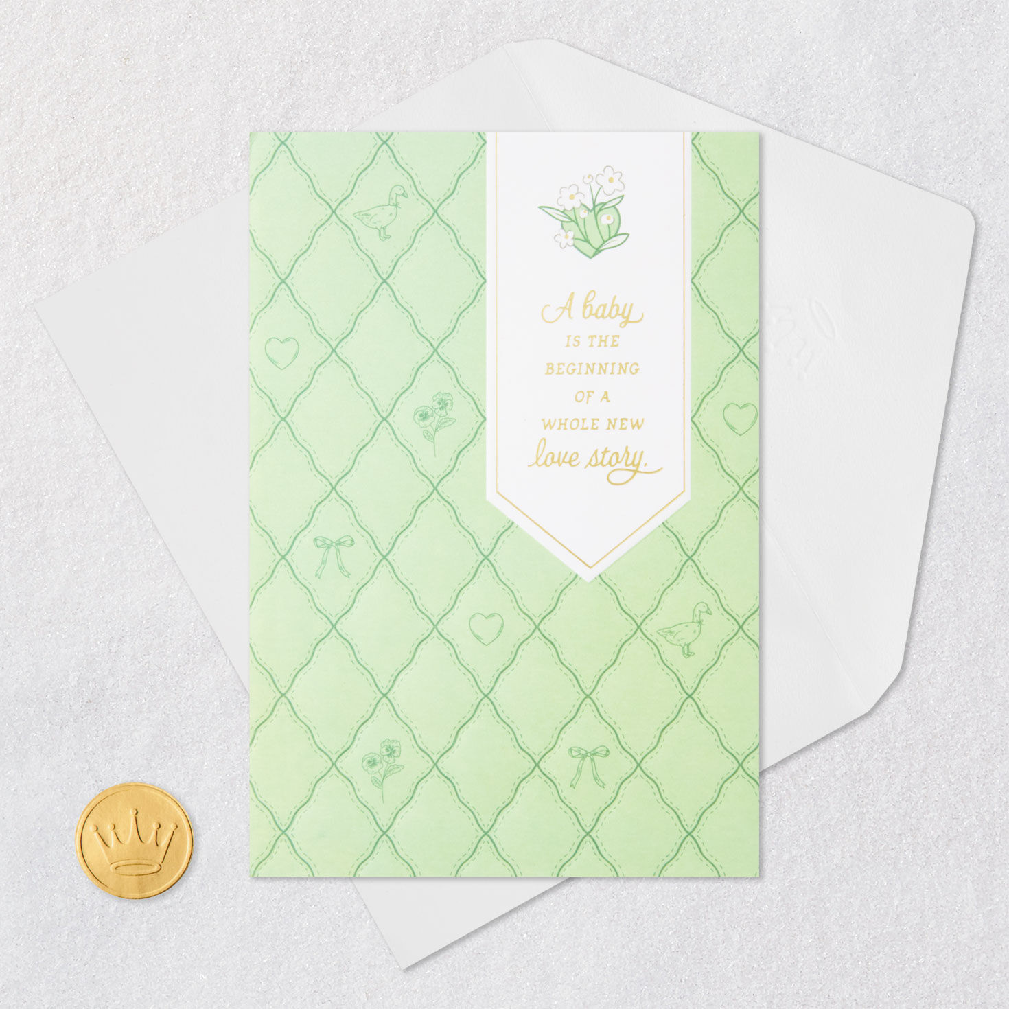 Vintage Mint Green New Baby Congrats Card Card Front with Envelope and Gold Seal image number 5