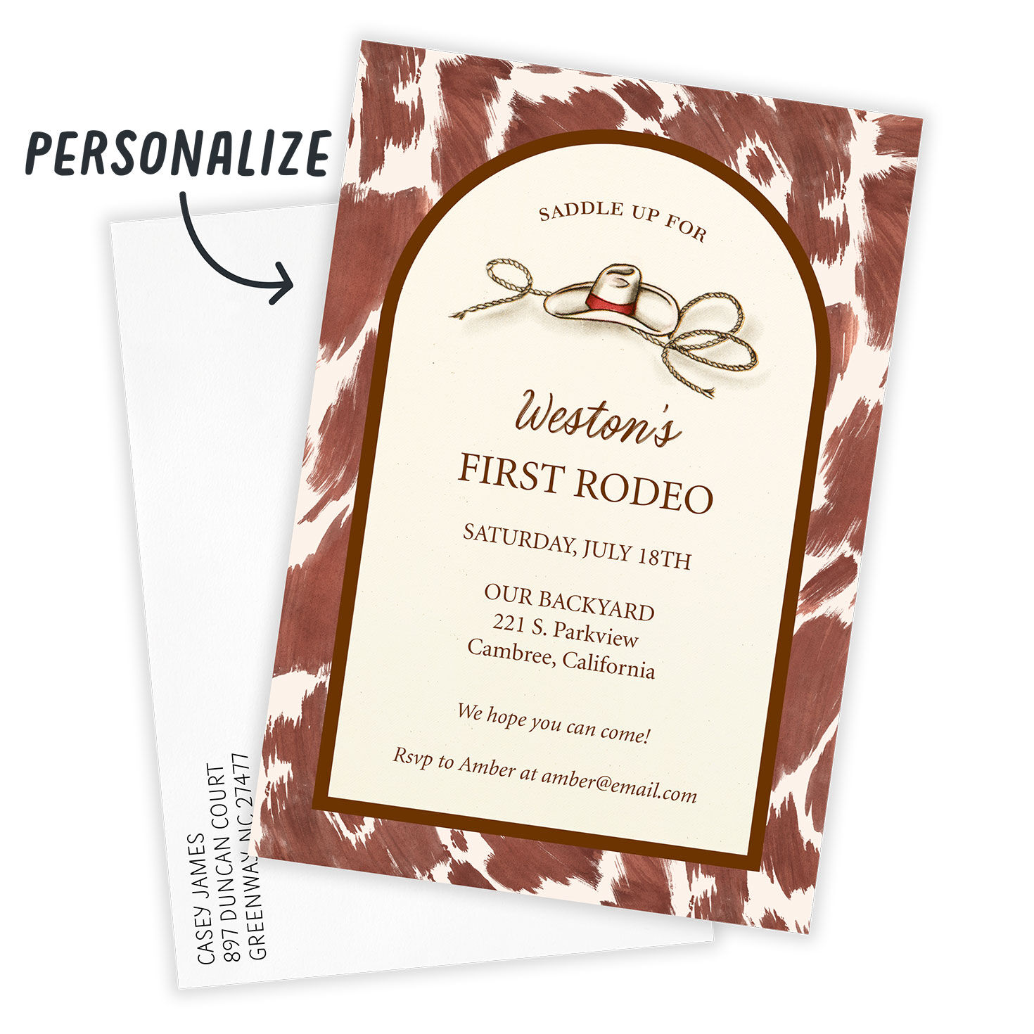 Cow Hide Western Personalized Party Invitation Card Front indicating personalization image number 2