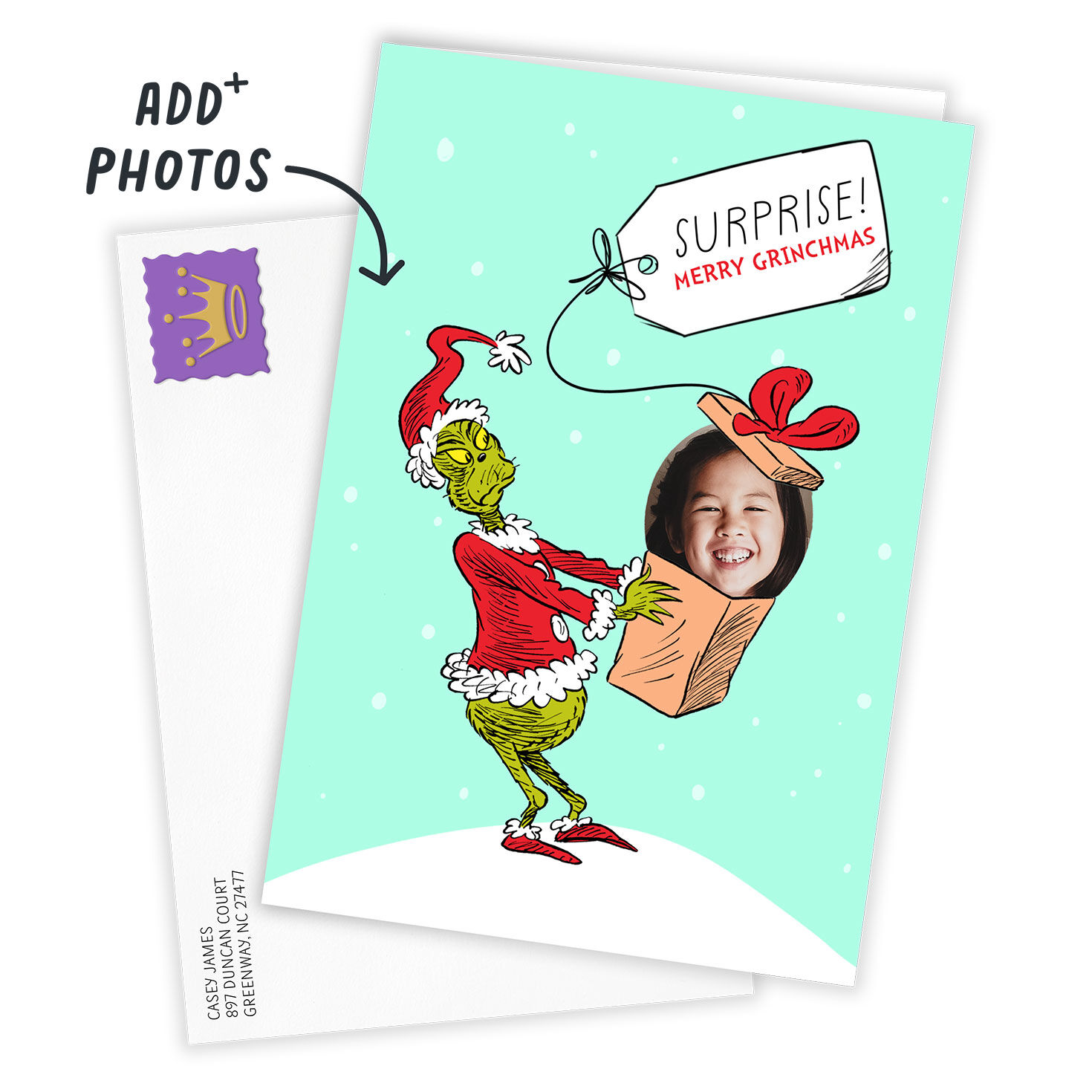 Grinch Photo in Box Personalized Christmas Card Card Front indicating personalization image number 2