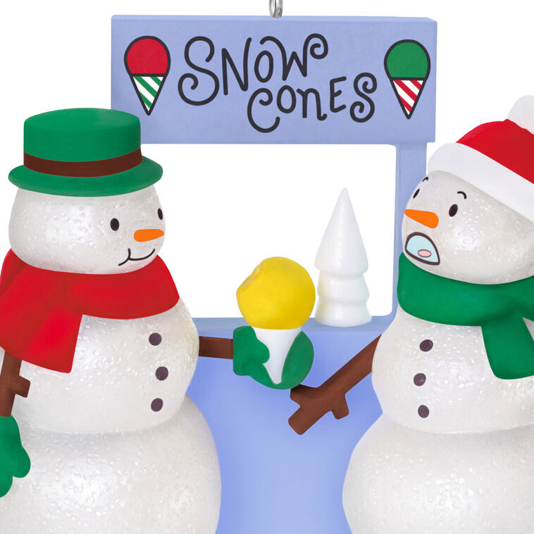Snowmen Eating Yellow Snow Cone Keepsake Ornament closeup view image number 5