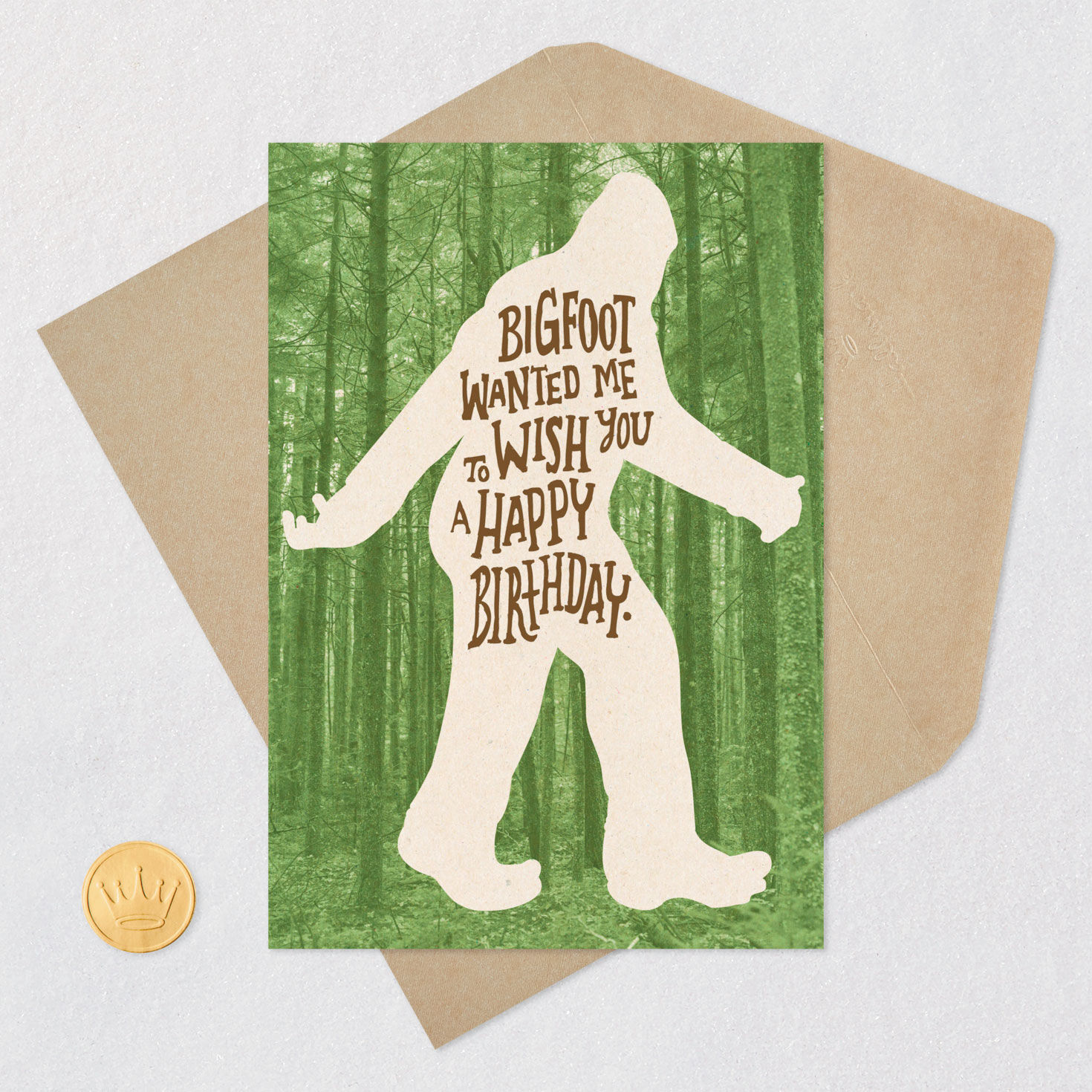 Bigfoot Silhouette in Woods Funny Birthday Card Card Front with Envelope and Gold Seal image number 5