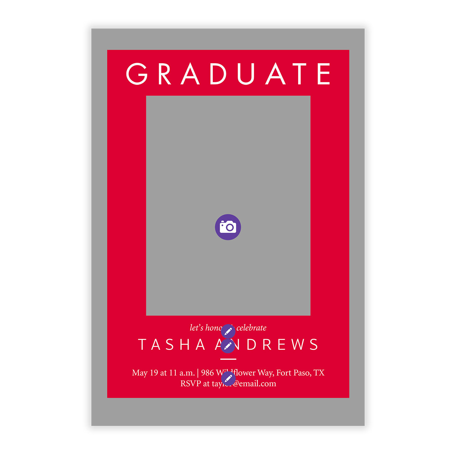Bright Red Photo Frame Grad Party Invitation Card Front indicating personalization image number 5
