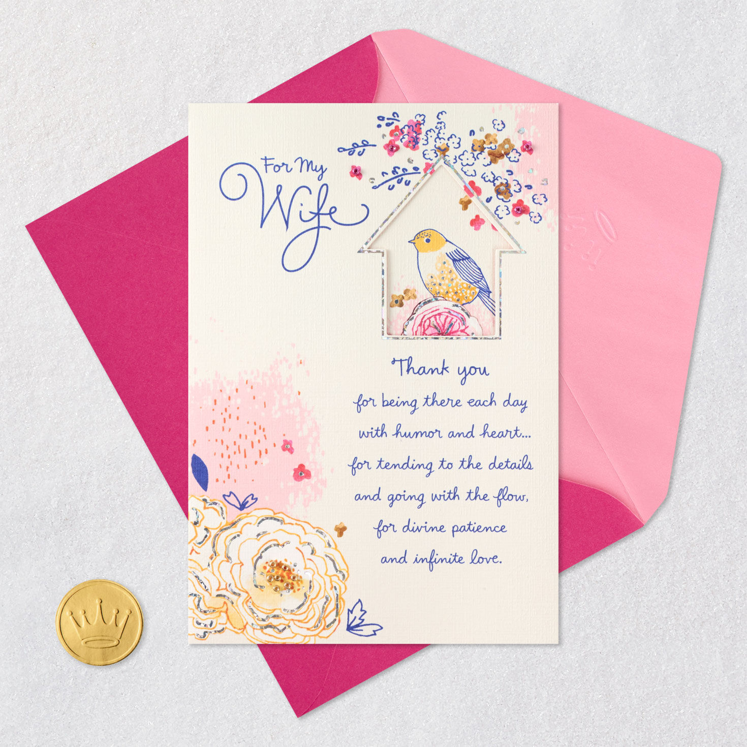 Folk Art Bird and Flowers Mother's Day Card for Wife Card Front with Envelope and Gold Seal image number 7