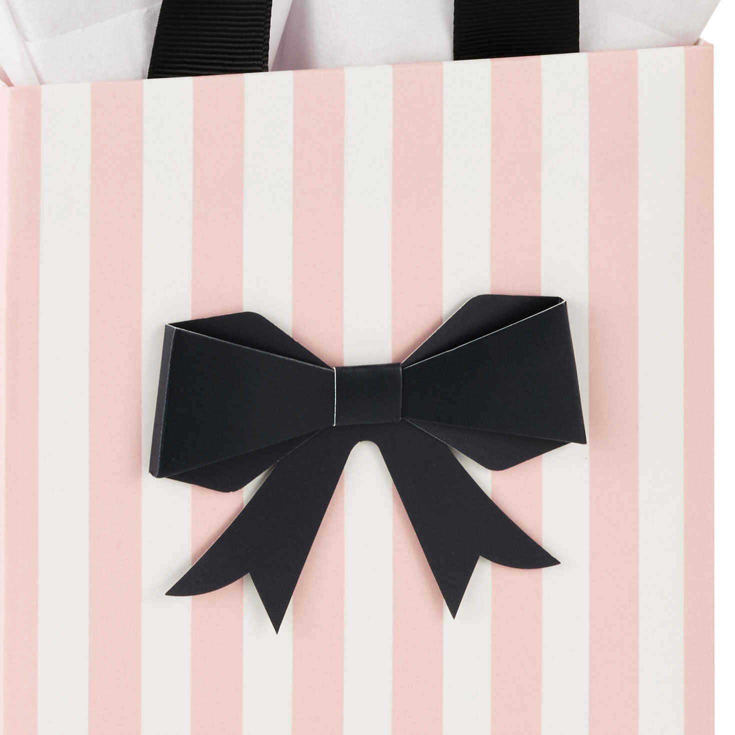 Pink Stripes With Black Bow Small Square Gift Bag Handle Detail image number 4