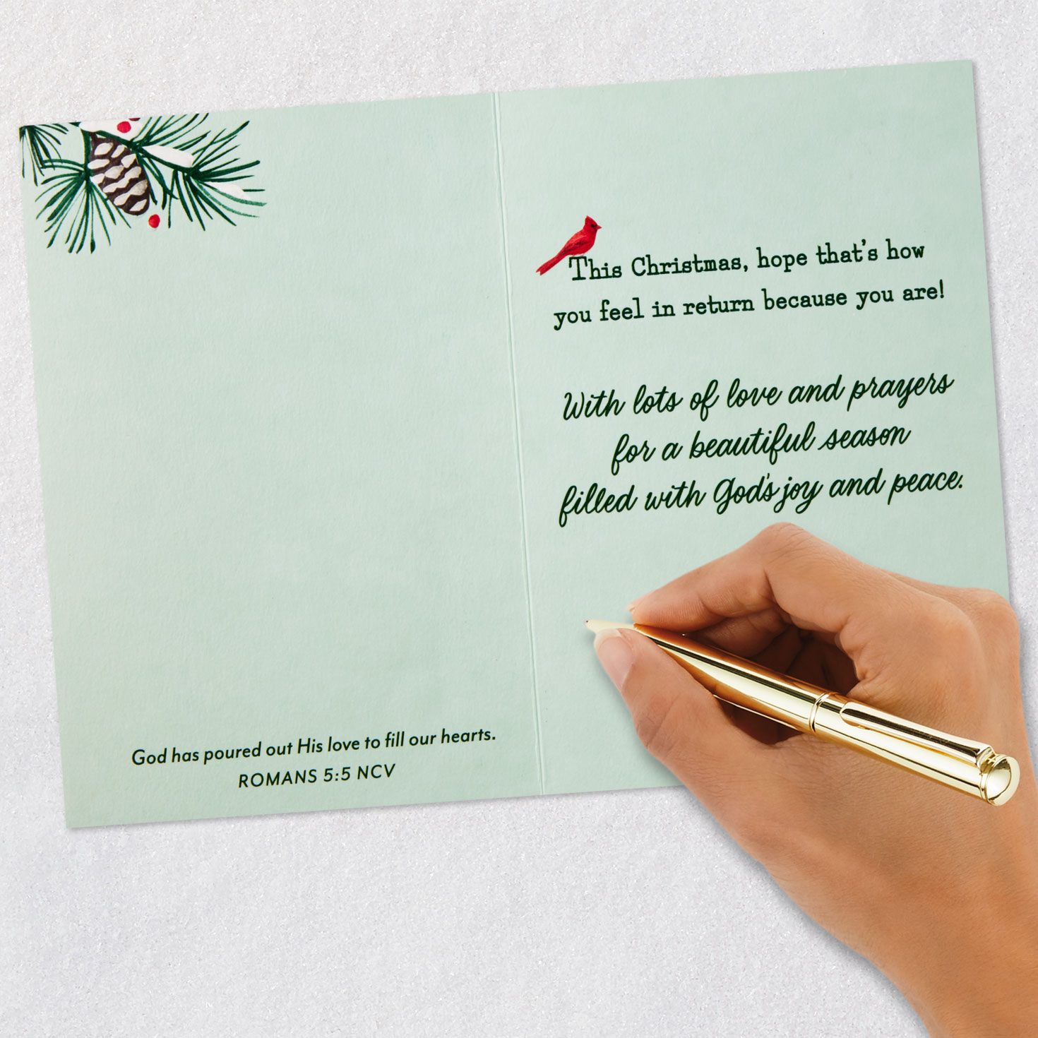 Cardinal on Evergreen Branch Religious Christmas Card Signing card image number 7