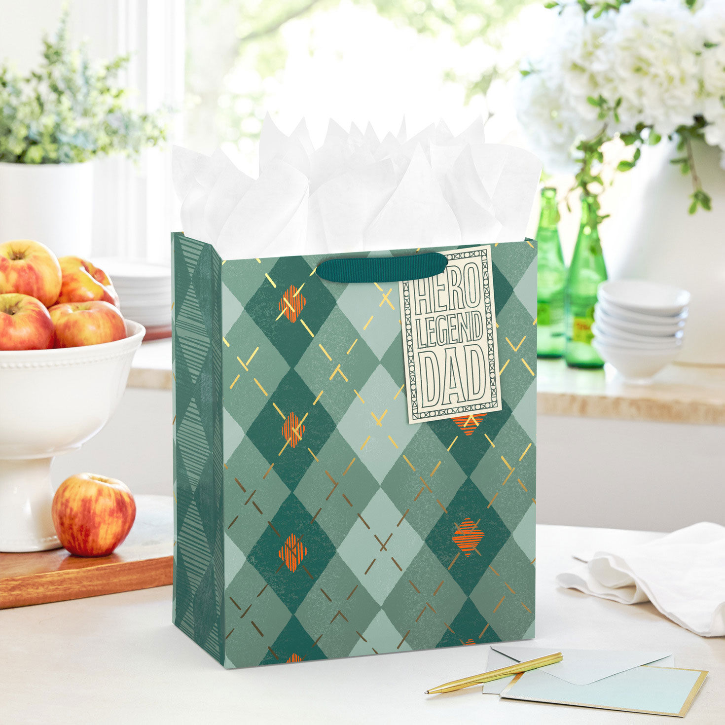 Orange and Green Argyle Large Father's Day Gift Bag in use image number 2