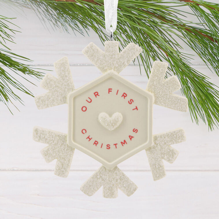Our First Christmas White Snowflake Ornament hanging on tree image number 2