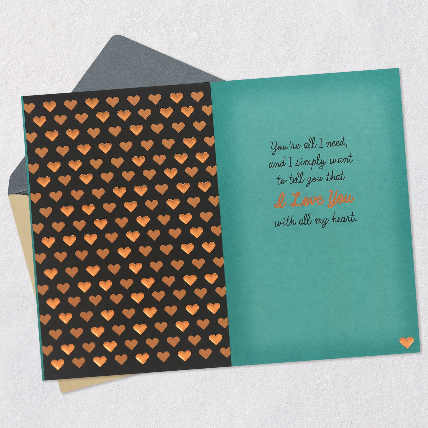 Green and Bronze Heart Love Card Open card with envelope image number 3