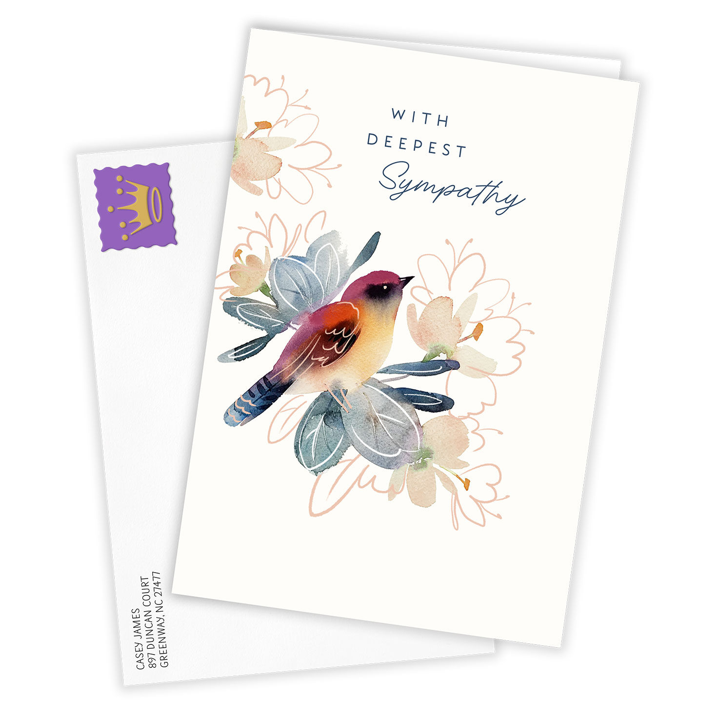 Painted Bird Flowers Personalized Sympathy Card Card Front with Envelope image number 2