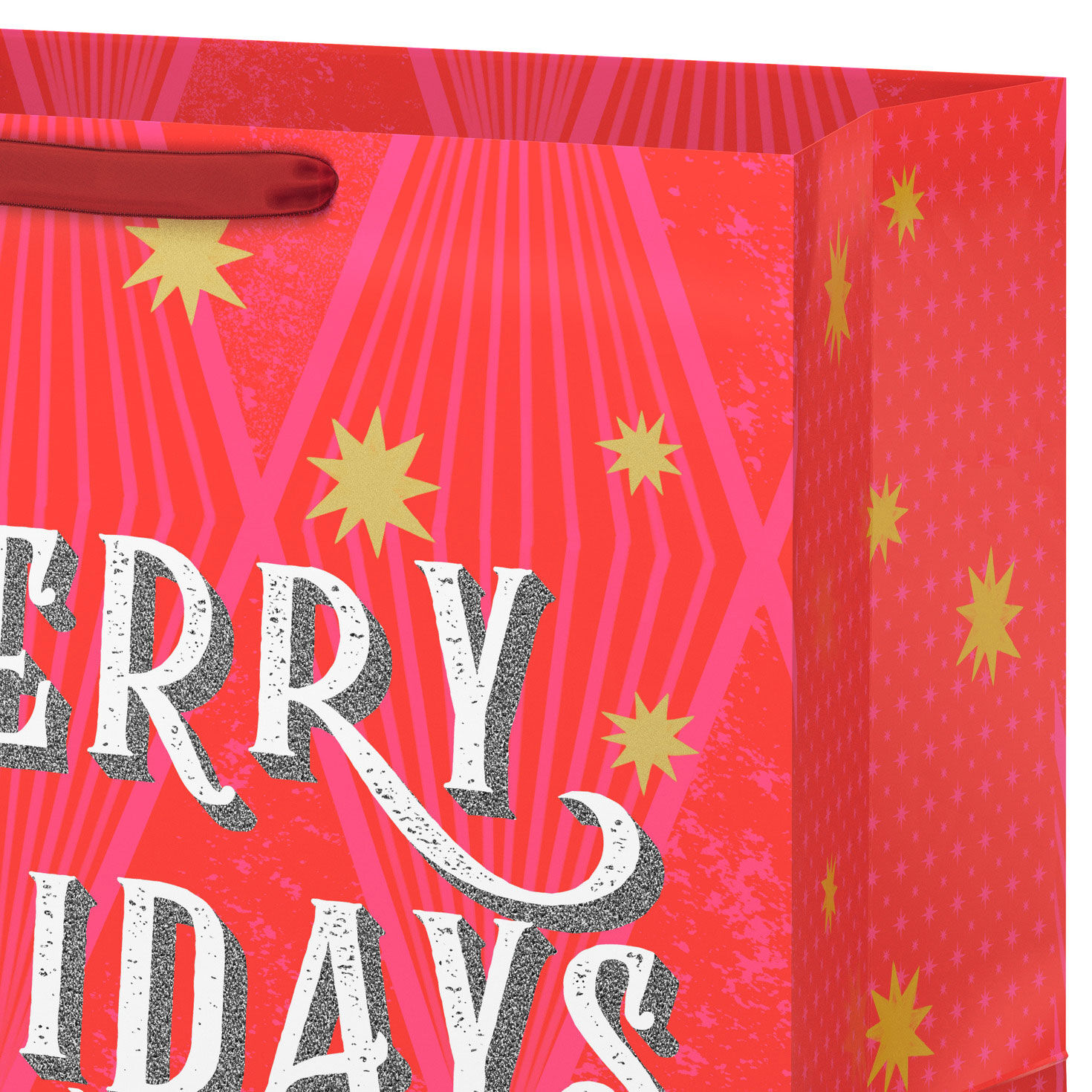 Glittery Red and Pink Big Holiday Gift Bag Handle Detail image number 4