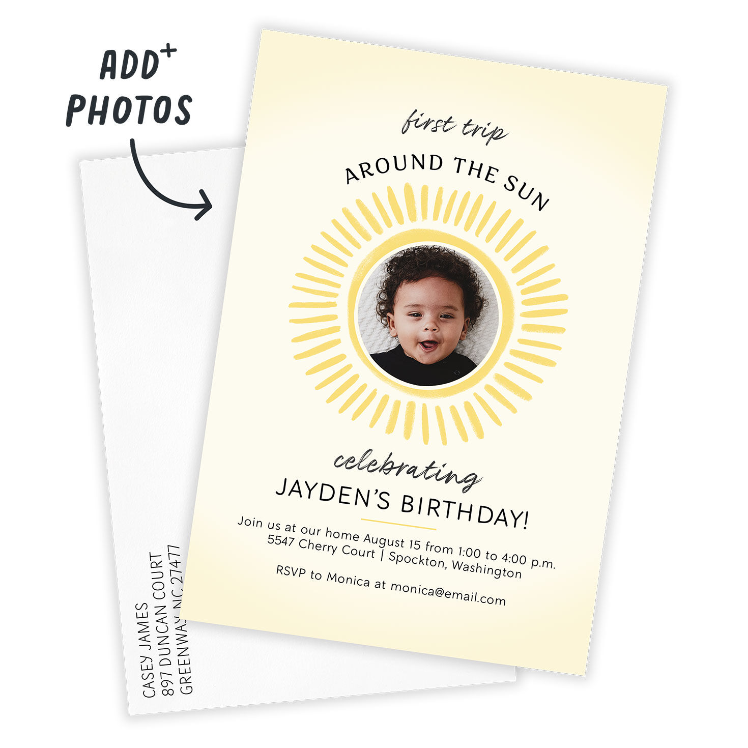 Yellow Sun Personalized Party Invitation Card Front indicating personalization image number 2