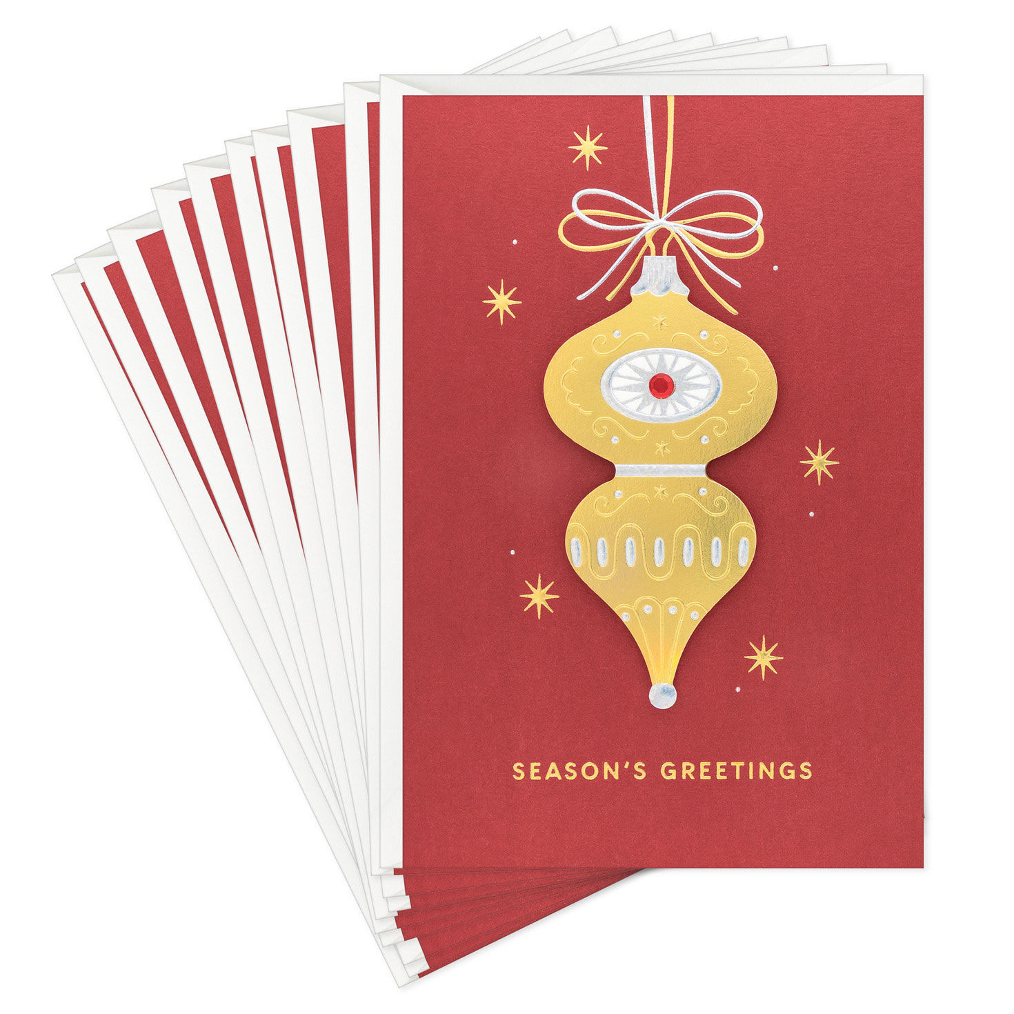 Gold Ornament on Red Boxed Christmas Cards fronts fanned image number 2