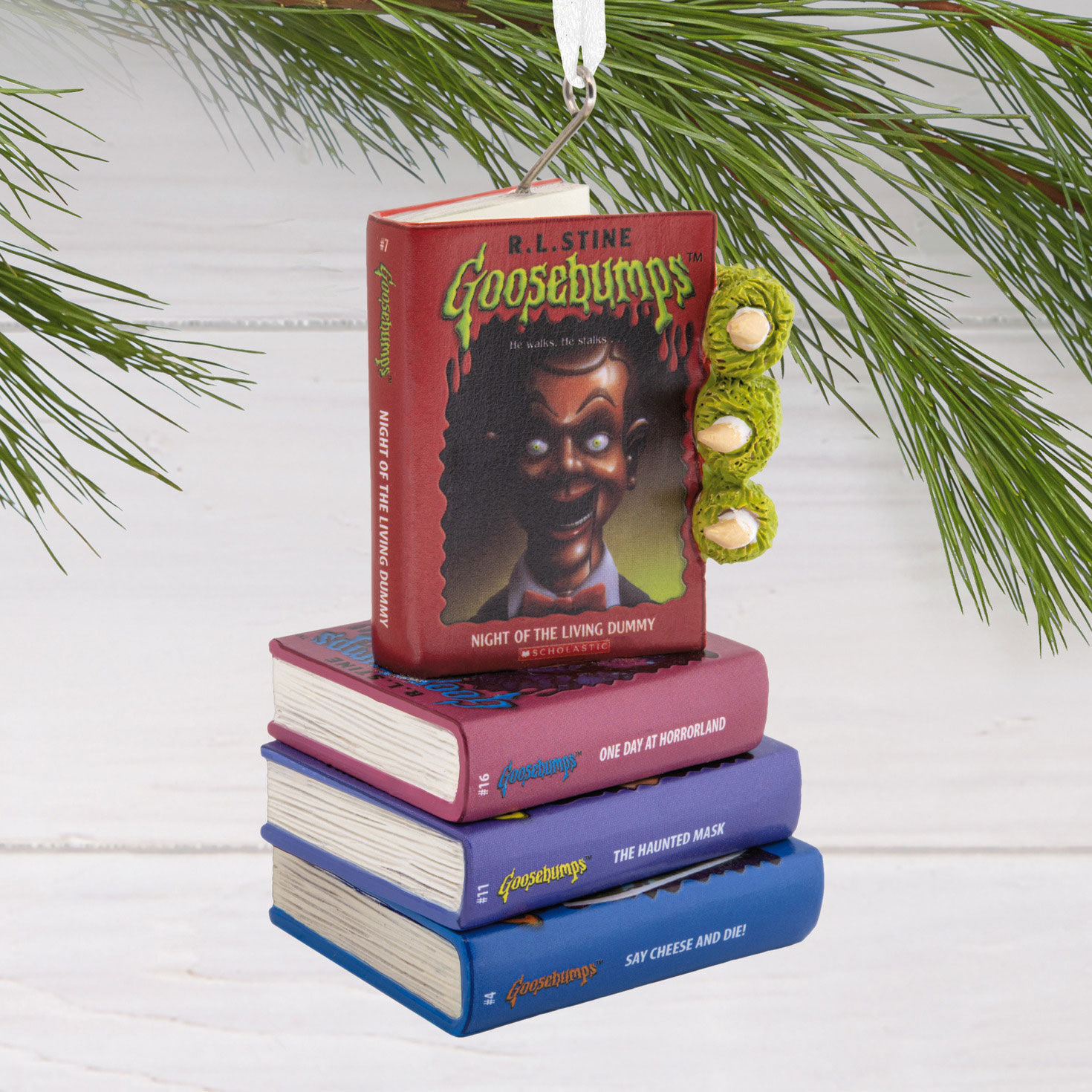 Goosebumps Stacked Books Christmas Ornament hanging on tree image number 2