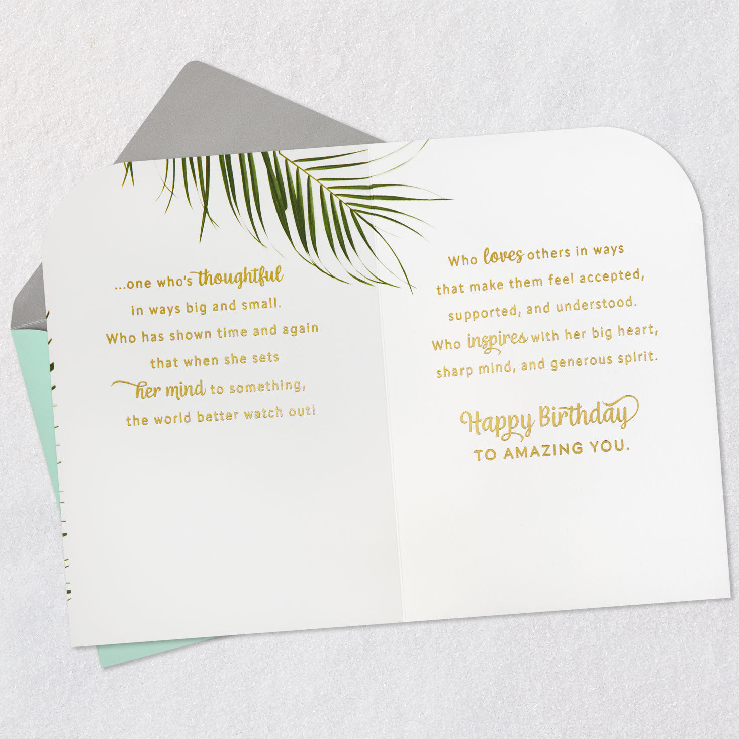 Fern Leaf on Blush Sun Birthday Card for Her Open card with envelope image number 4