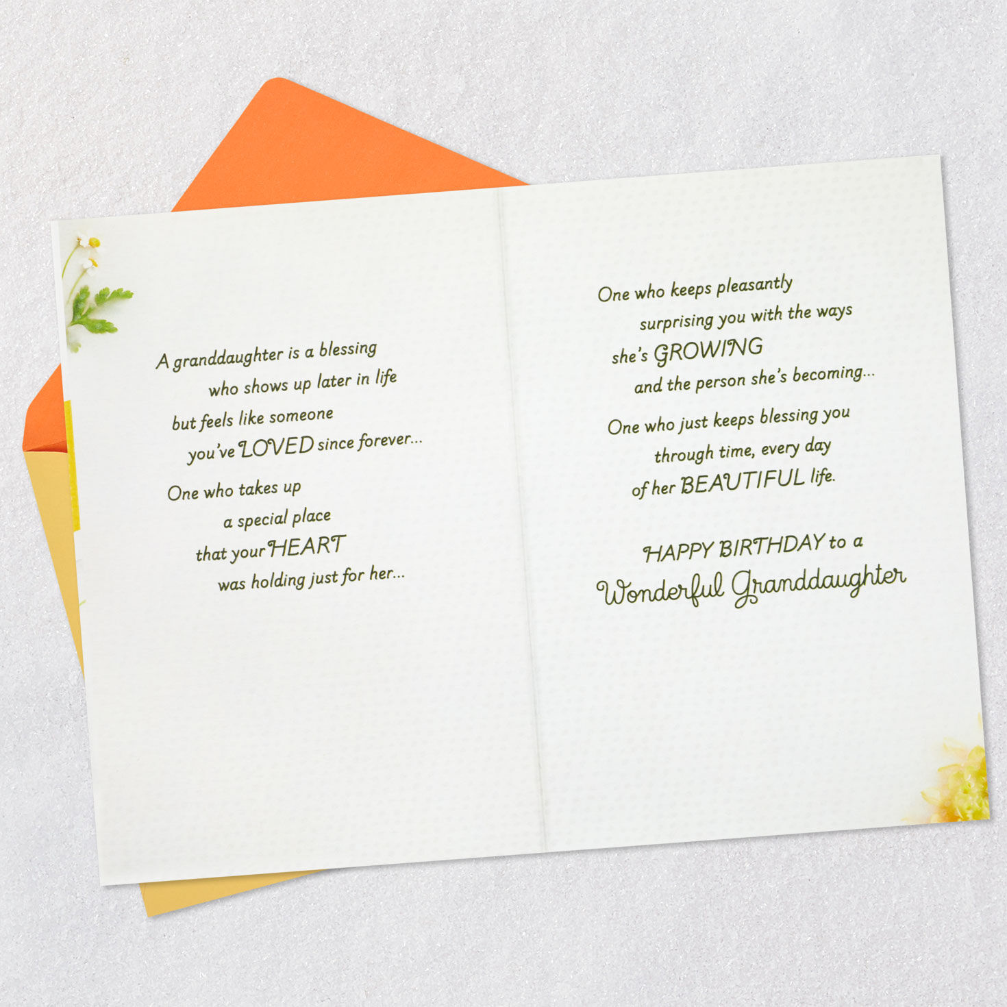 Yellow and White Flowers Granddaughter Birthday Card Open card with envelope image number 4