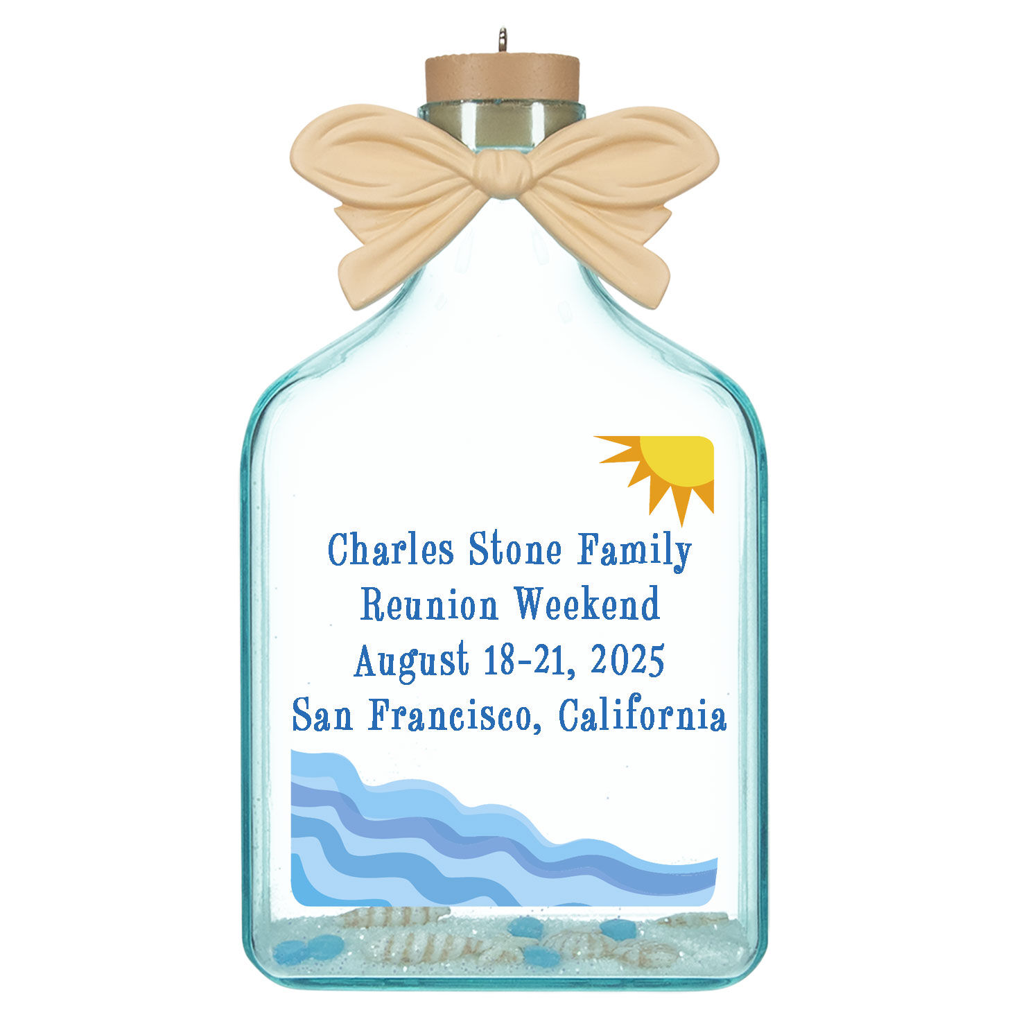 A Day at the Beach Sun & Waves Personalized Ornament, Custom Text