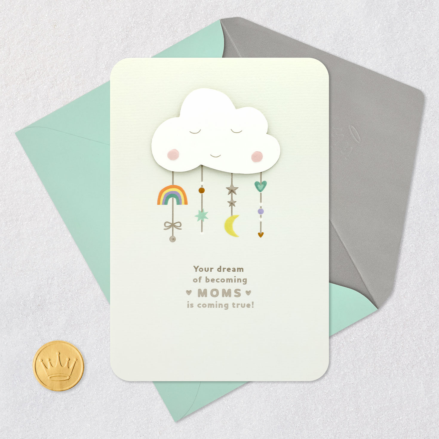 Cloud with Rainbow, Moon, Stars New Baby Shower Card for Two Moms Card Front with Envelope and Gold Seal image number 5