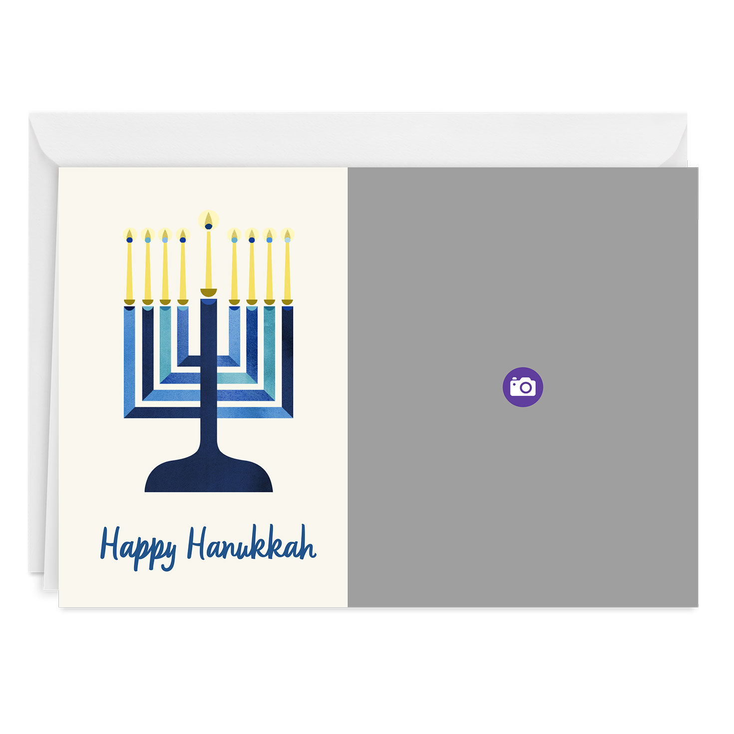Blue Menorah With Candles Personalized Hanukkah Card Card Front indicating personalization image number 3