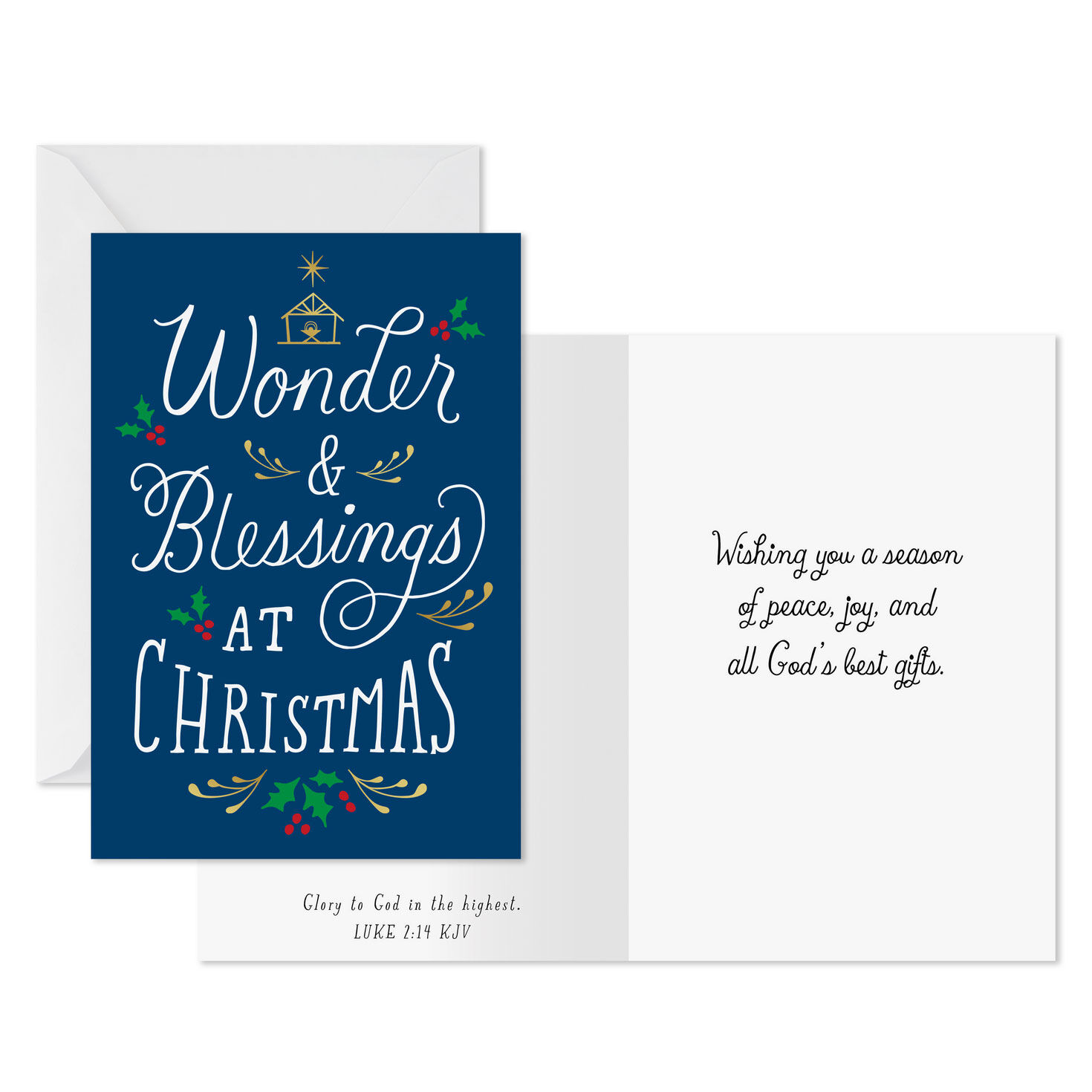 Holly on Blue Religious Christmas Cards Pack Card Front with Sentiment image number 2
