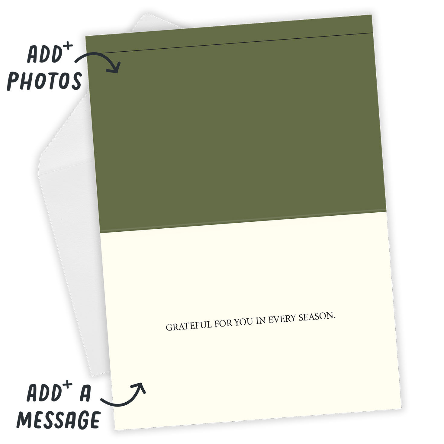 Green Frame With Trees Personalized Holiday Card Open Card with Envelope indicating personalization image number 4