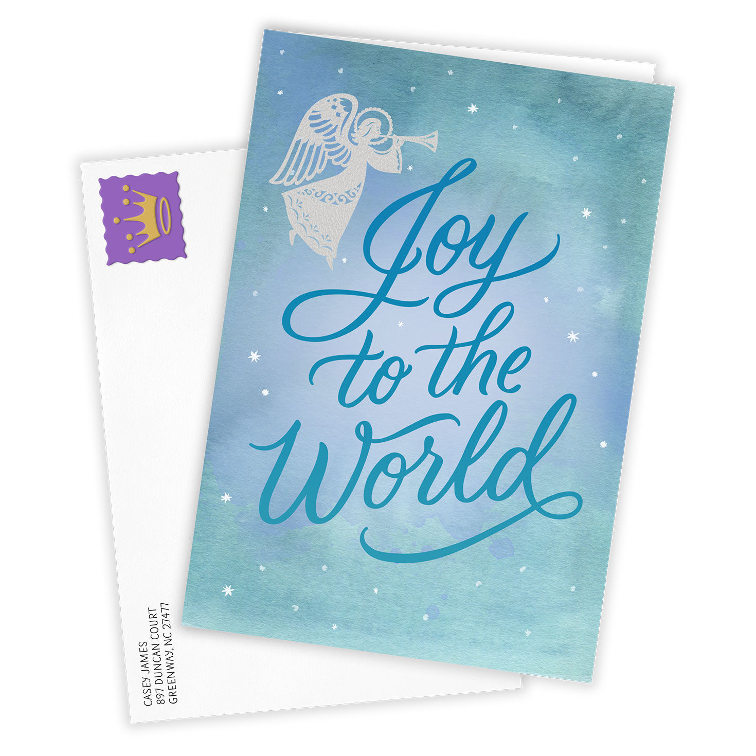 Blue Sky White Angel Personalized Christmas Card Card  front with Envelope  image number 2