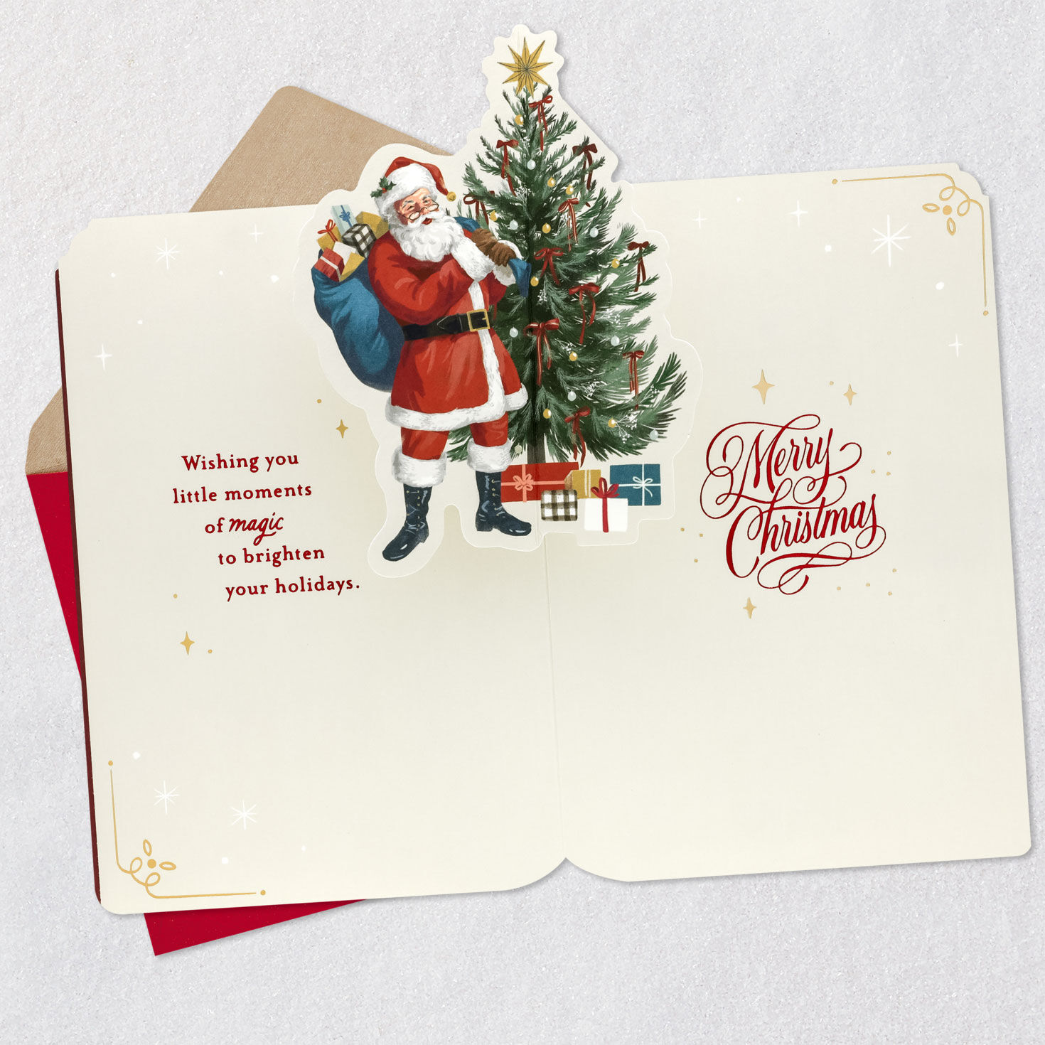 Burgundy Pop-Up Santa Storybook Christmas Card Open card with envelope image number 5