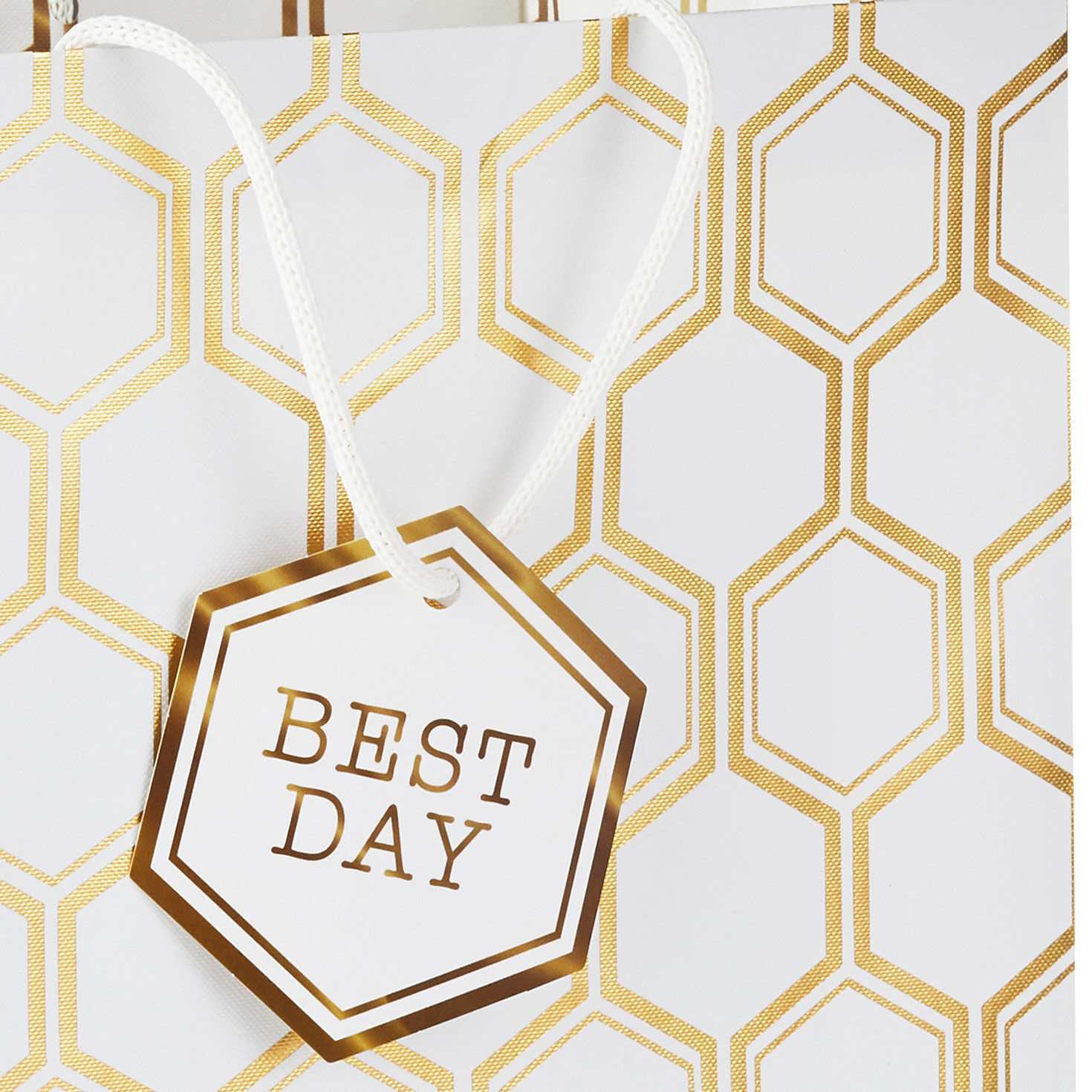 Gold Foil Hexagons on White Large Gift Bag Handle Detail image number 4